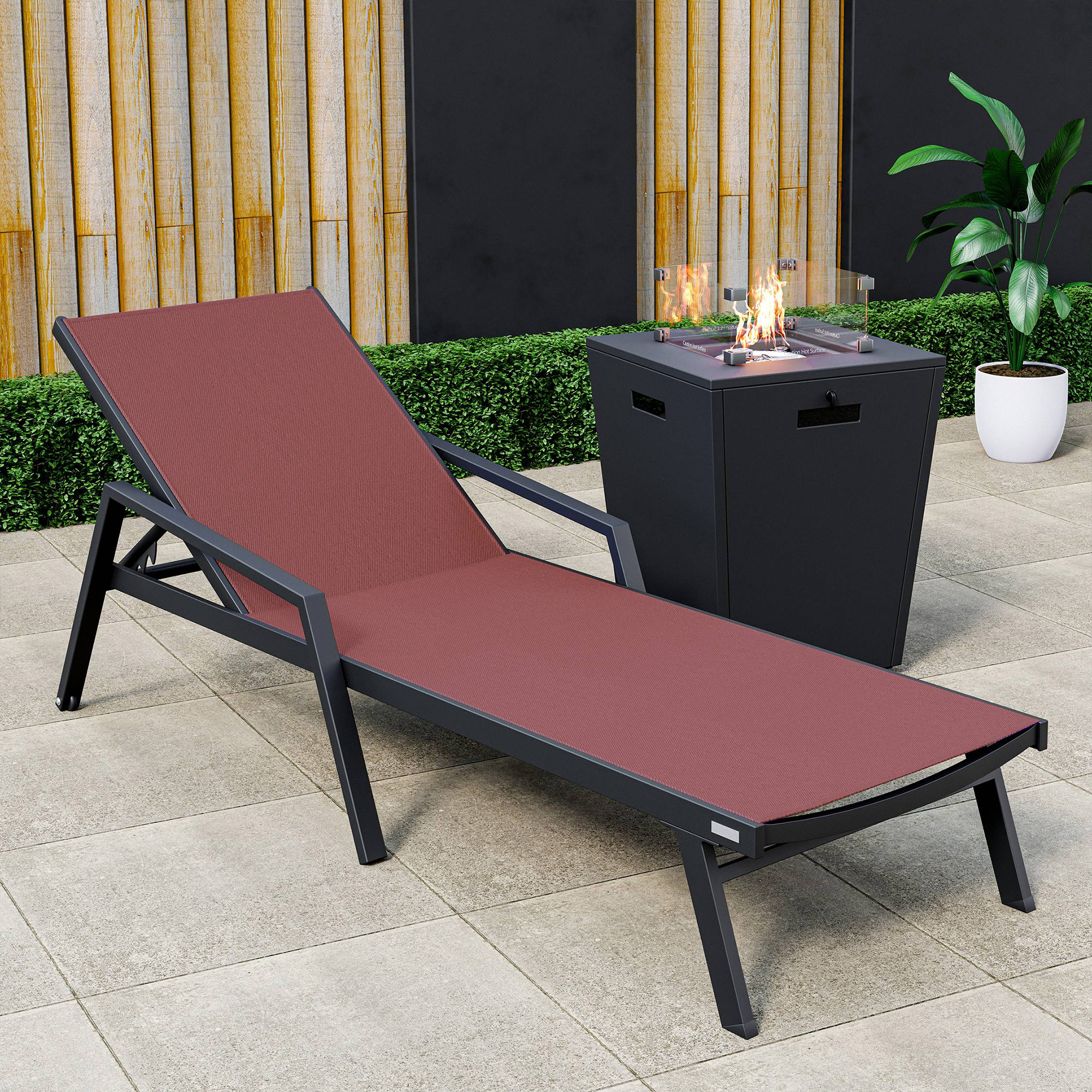 LeisureMod Marlin Modern Black Aluminum Outdoor Chaise Lounge Chair With Arms and Square Fire Pit Side Table for Patio - Burgundy