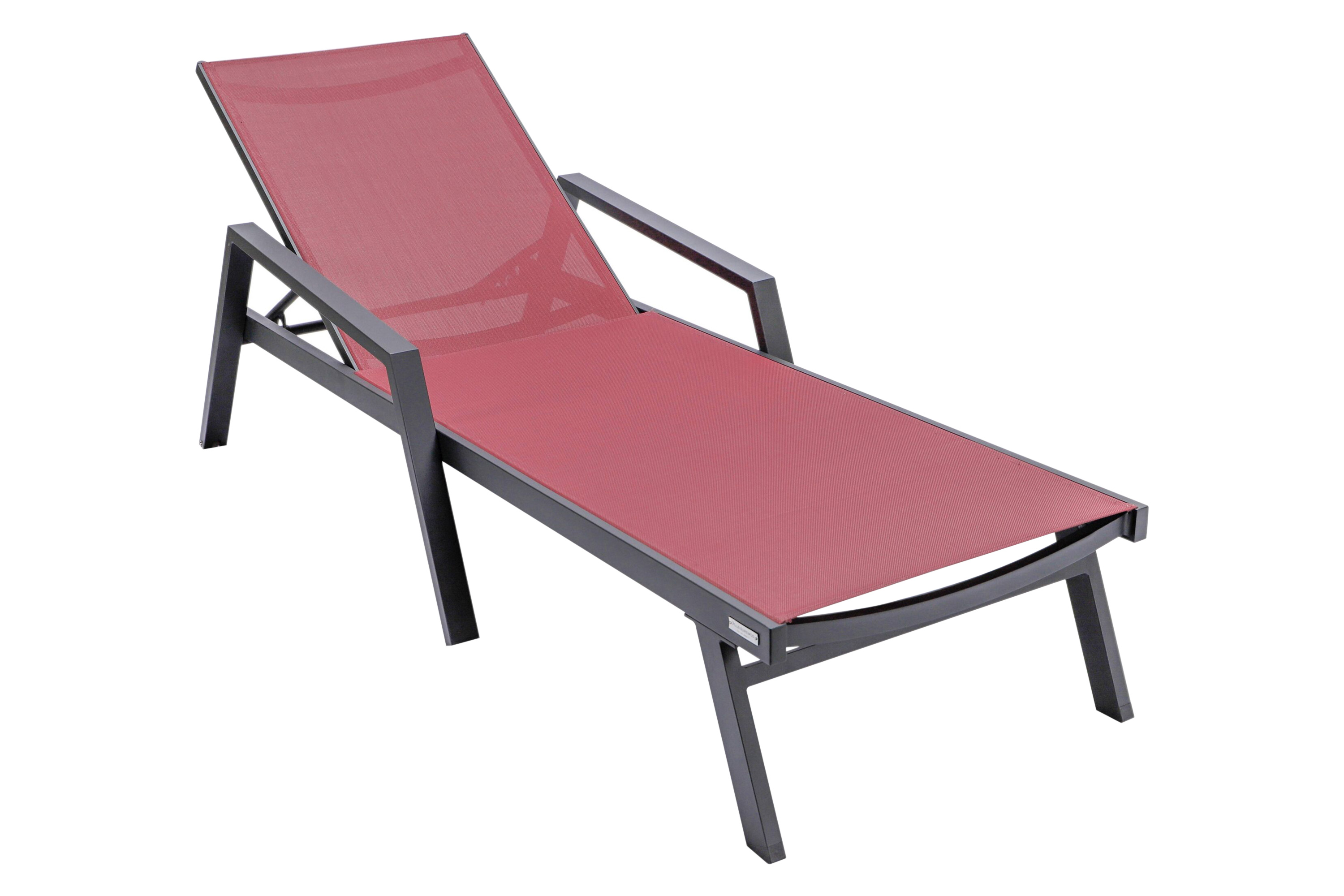 LeisureMod Marlin Modern Black Aluminum Outdoor Chaise Lounge Chair With Arms and Square Fire Pit Side Table for Patio - Burgundy