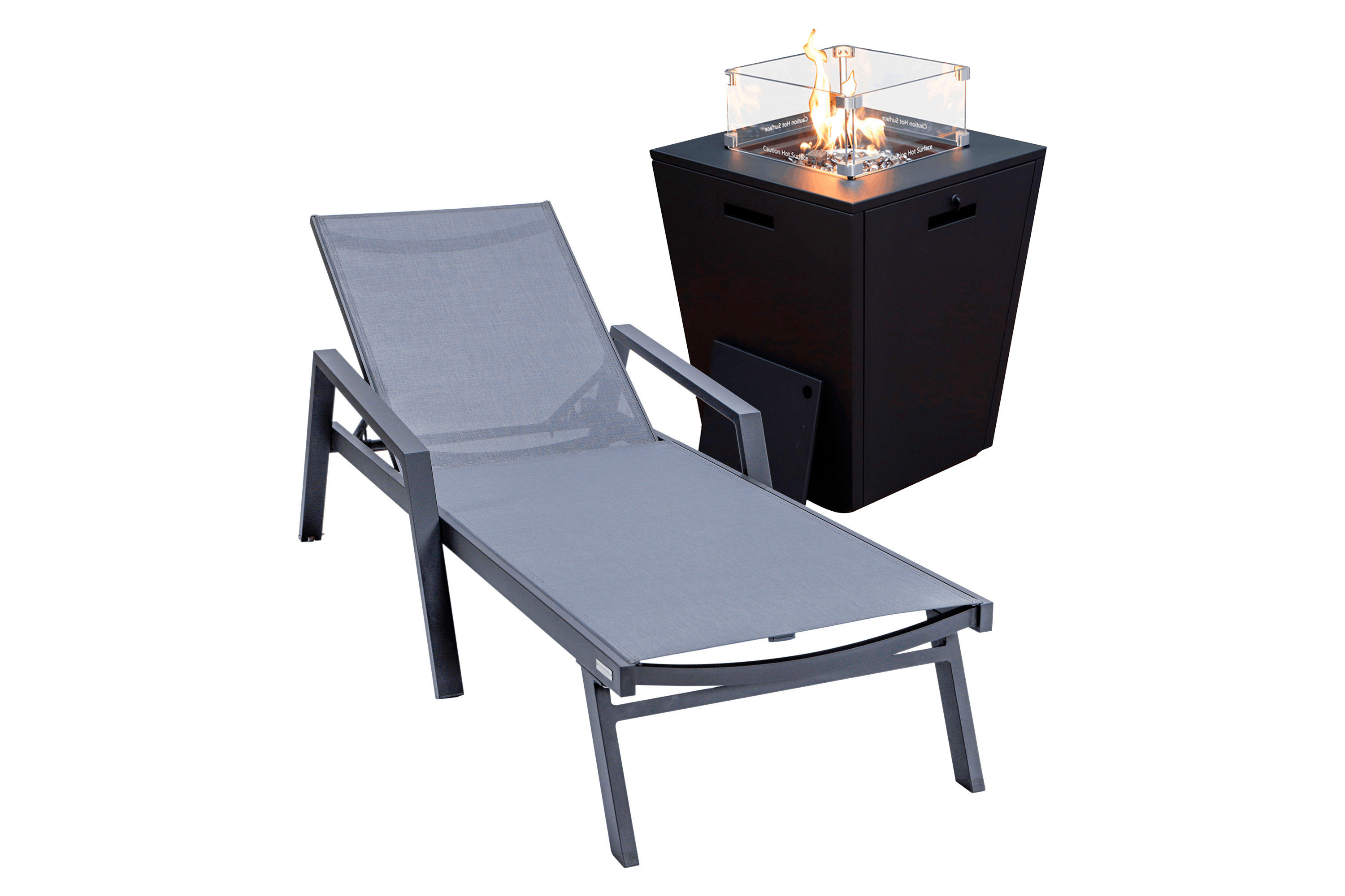 LeisureMod Marlin Modern Black Aluminum Outdoor Chaise Lounge Chair With Arms and Square Fire Pit Side Table for Patio