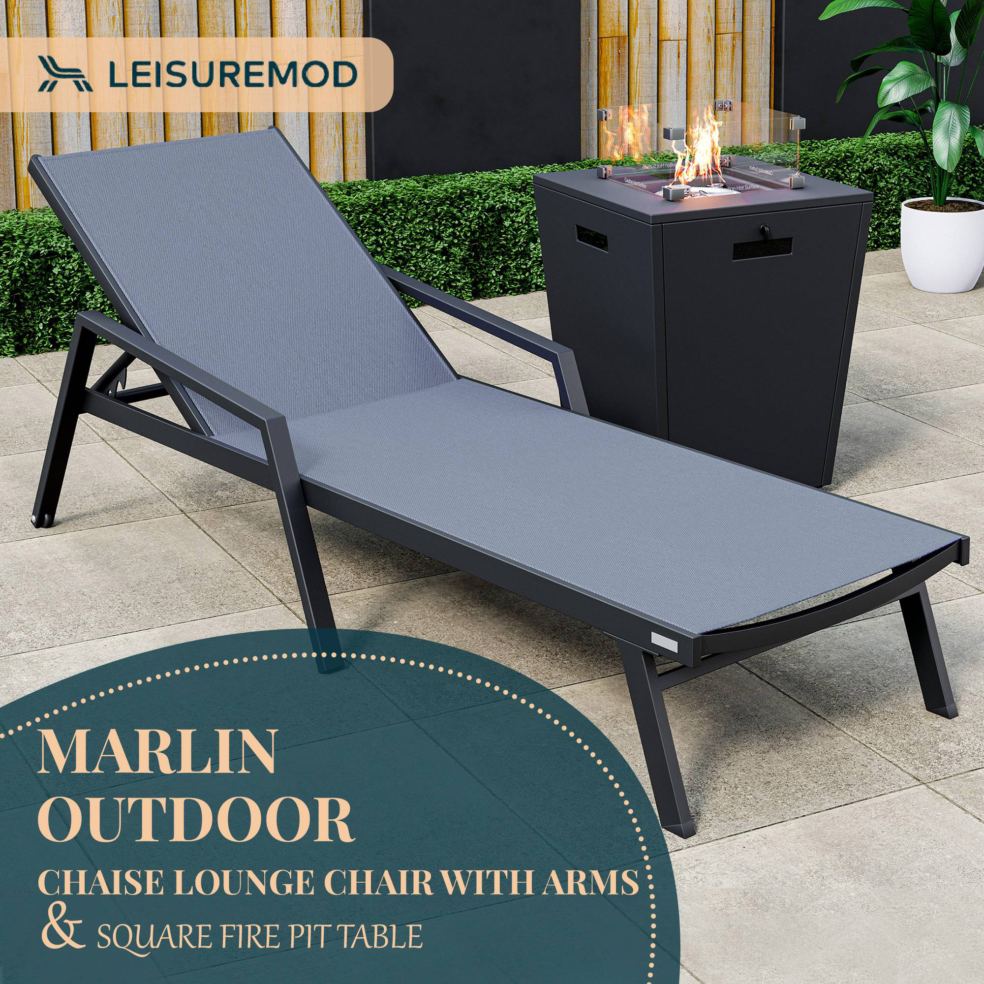 LeisureMod Marlin Modern Black Aluminum Outdoor Chaise Lounge Chair With Arms and Square Fire Pit Side Table for Patio - Dark Gray