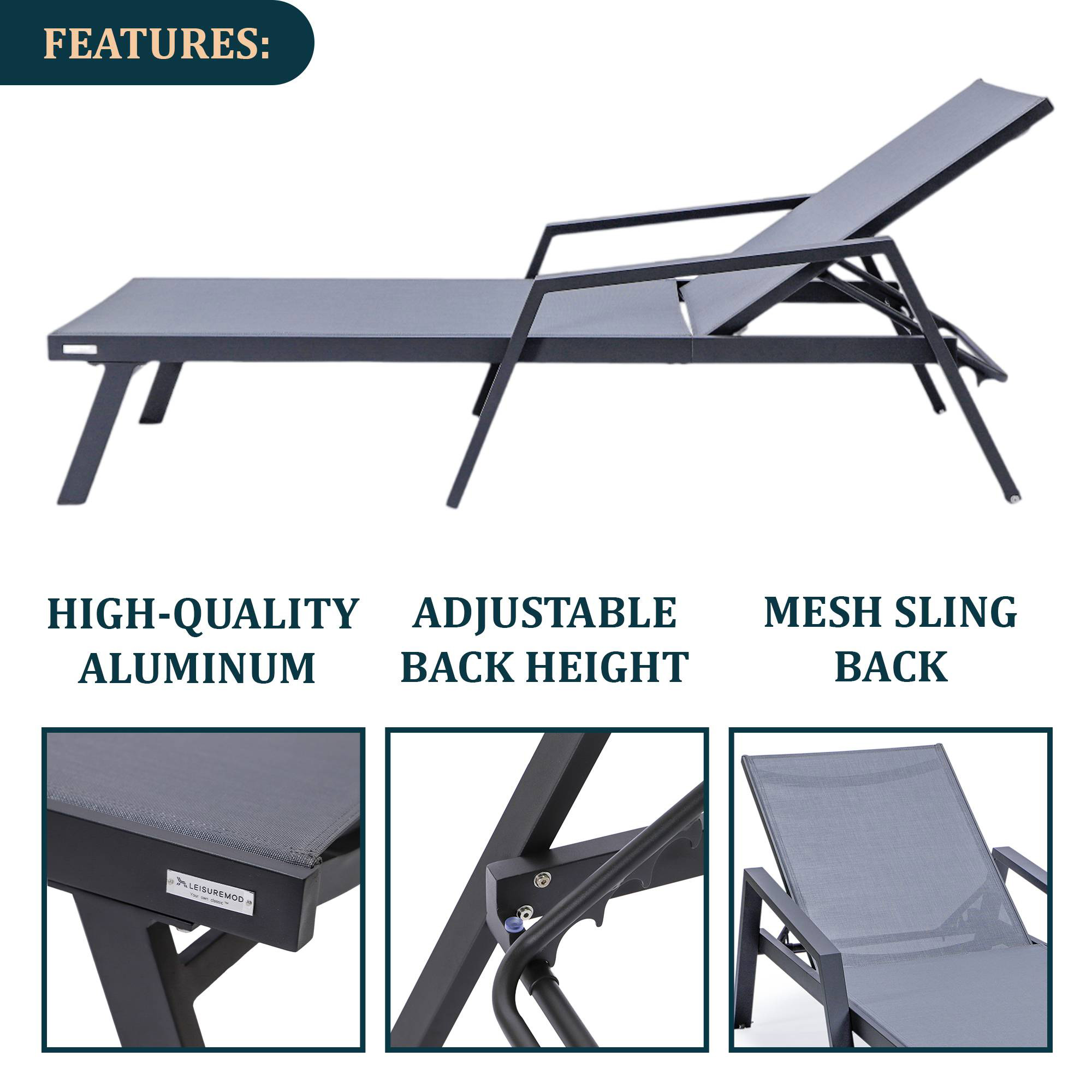 LeisureMod Marlin Modern Black Aluminum Outdoor Chaise Lounge Chair With Arms and Square Fire Pit Side Table for Patio - Dark Gray