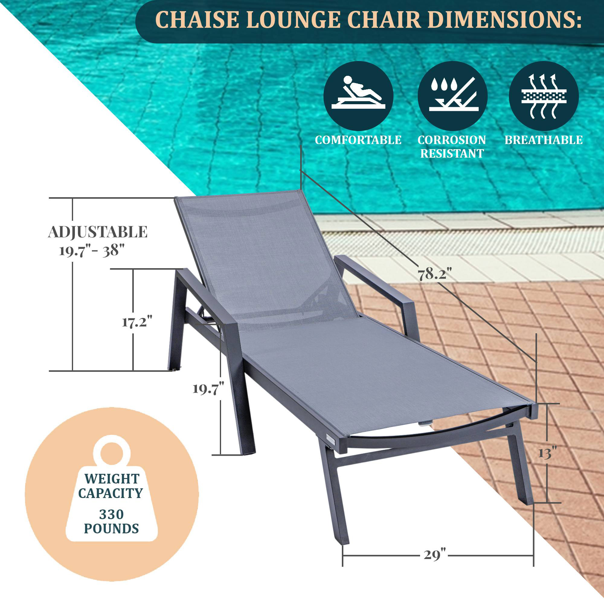 LeisureMod Marlin Modern Black Aluminum Outdoor Chaise Lounge Chair With Arms and Square Fire Pit Side Table for Patio - Dark Gray