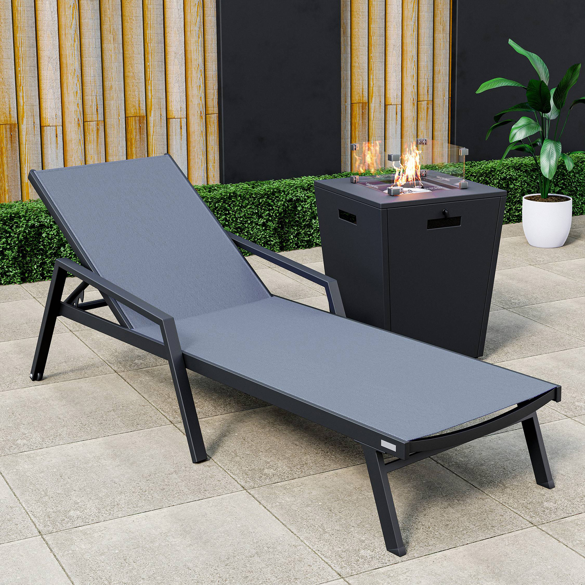 LeisureMod Marlin Modern Black Aluminum Outdoor Chaise Lounge Chair With Arms and Square Fire Pit Side Table for Patio - Dark Gray