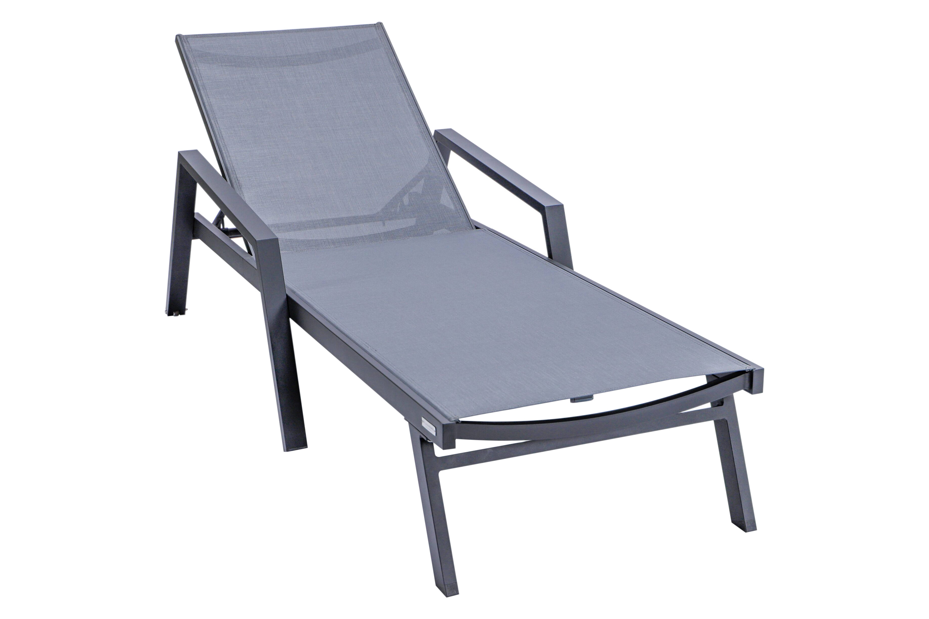 LeisureMod Marlin Modern Black Aluminum Outdoor Chaise Lounge Chair With Arms and Square Fire Pit Side Table for Patio - Dark Gray