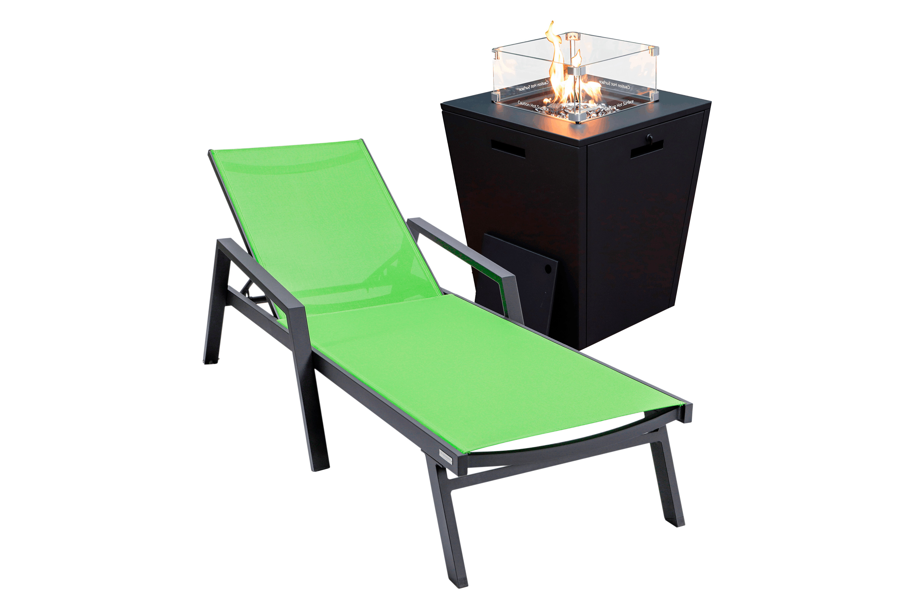 LeisureMod Marlin Modern Black Aluminum Outdoor Chaise Lounge Chair With Arms and Square Fire Pit Side Table for Patio