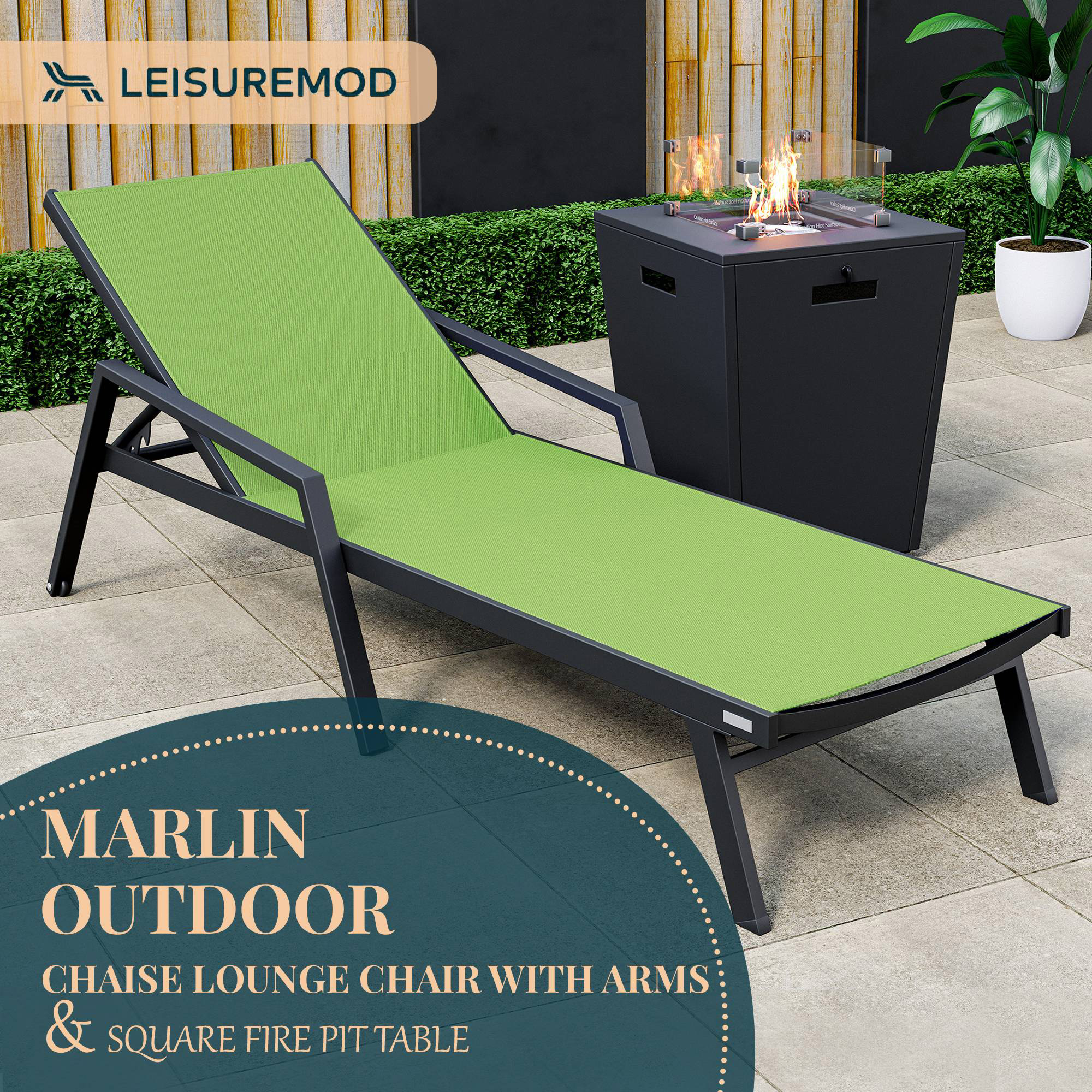 LeisureMod Marlin Modern Black Aluminum Outdoor Chaise Lounge Chair With Arms and Square Fire Pit Side Table for Patio - Green