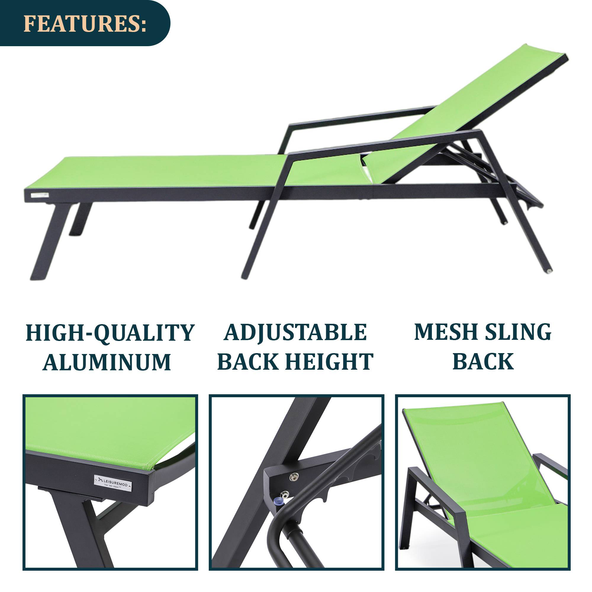 LeisureMod Marlin Modern Black Aluminum Outdoor Chaise Lounge Chair With Arms and Square Fire Pit Side Table for Patio - Green