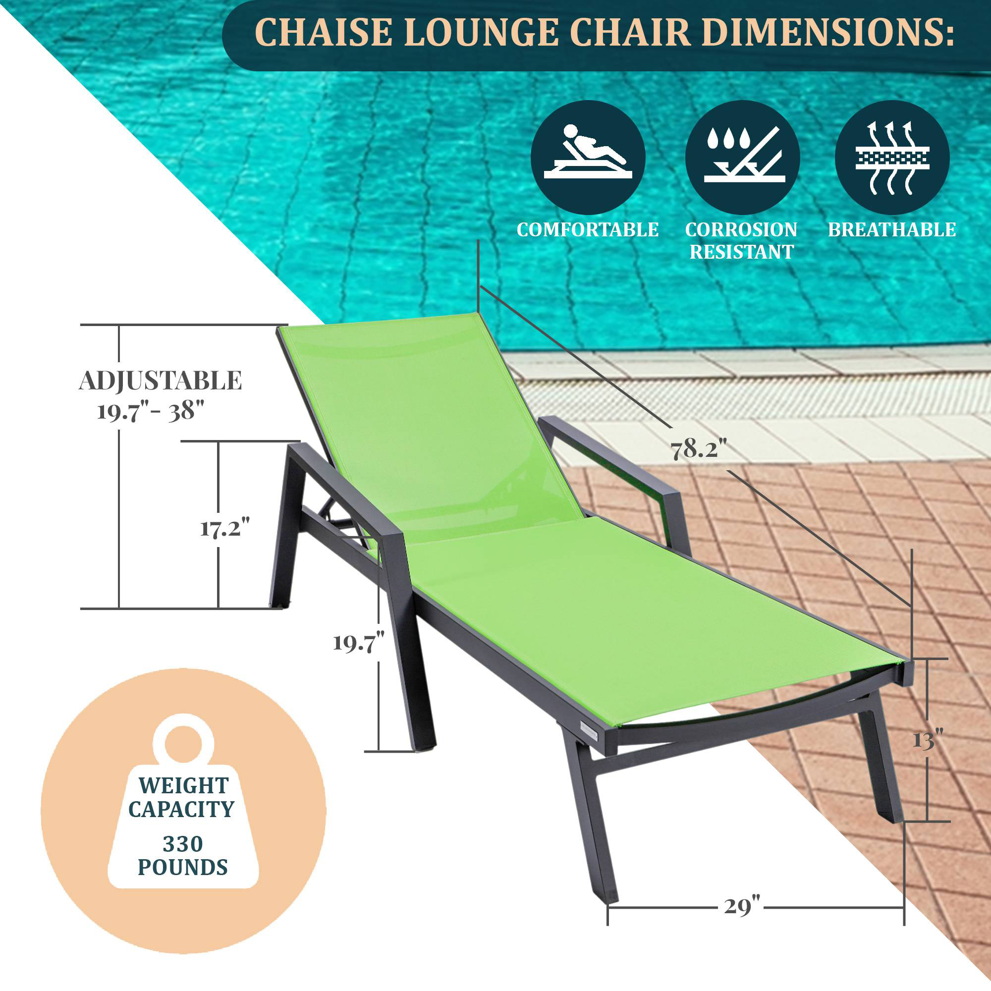 LeisureMod Marlin Modern Black Aluminum Outdoor Chaise Lounge Chair With Arms and Square Fire Pit Side Table for Patio - Green