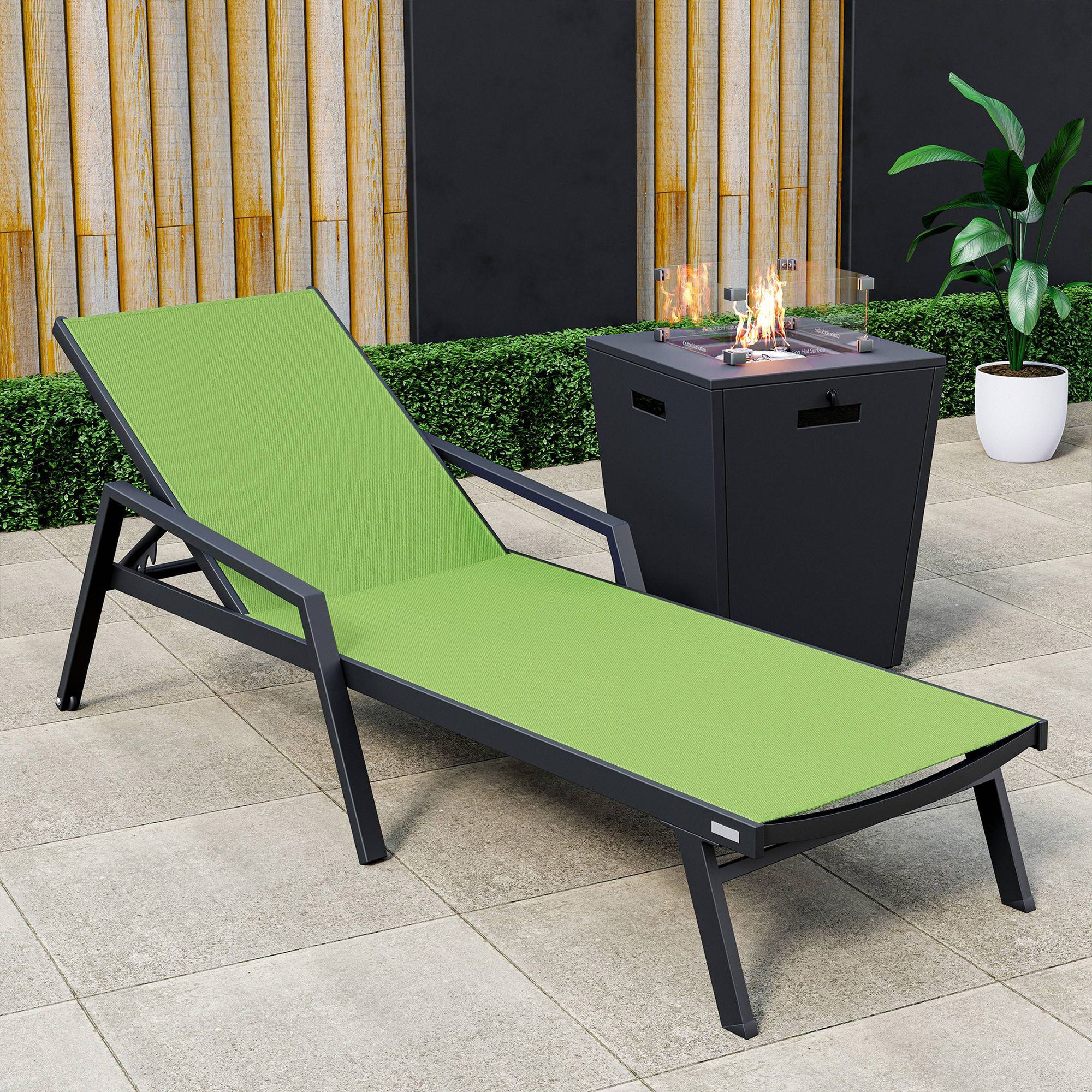 LeisureMod Marlin Modern Black Aluminum Outdoor Chaise Lounge Chair With Arms and Square Fire Pit Side Table for Patio - Green