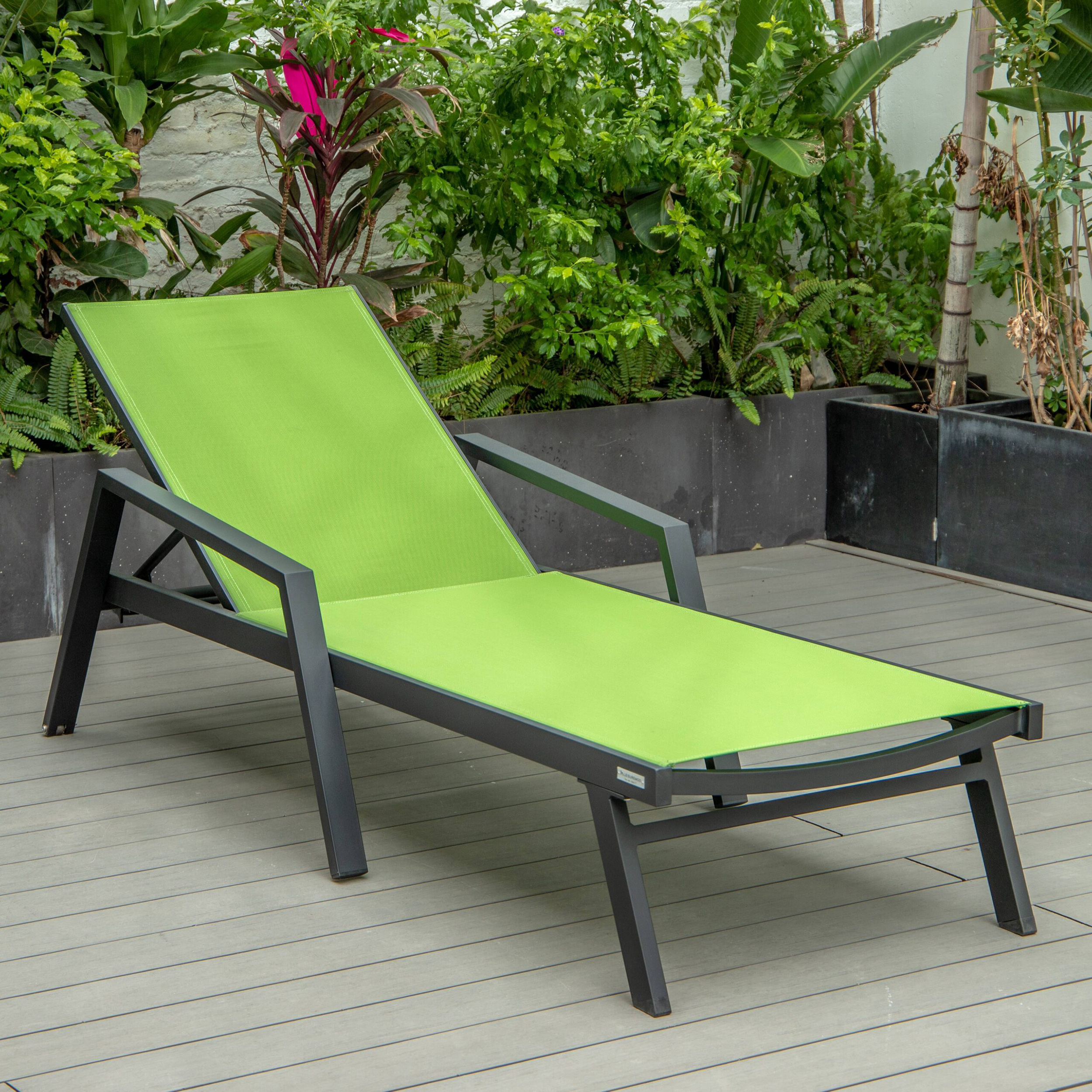 LeisureMod Marlin Modern Black Aluminum Outdoor Chaise Lounge Chair With Arms and Square Fire Pit Side Table for Patio - Green