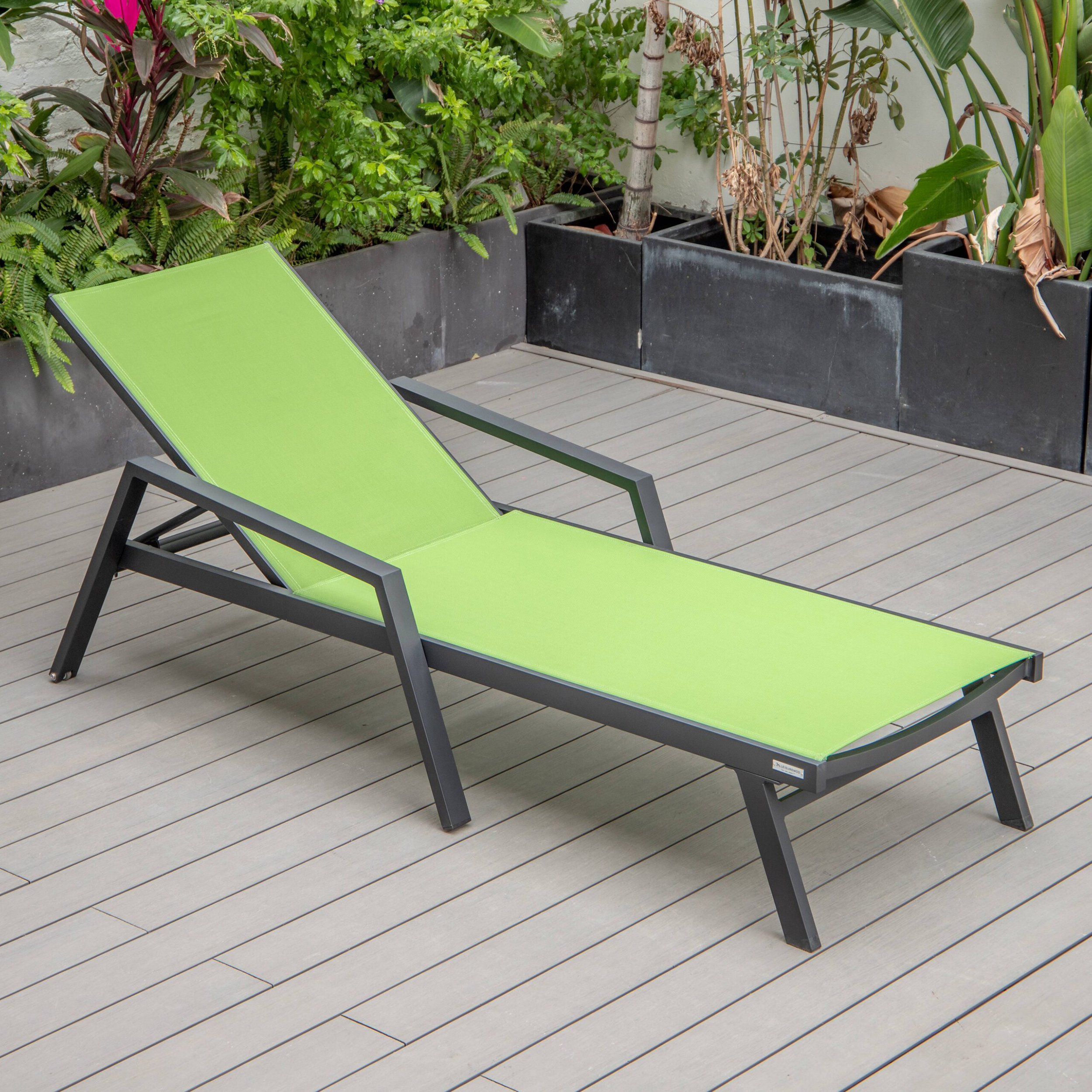 LeisureMod Marlin Modern Black Aluminum Outdoor Chaise Lounge Chair With Arms and Square Fire Pit Side Table for Patio - Green