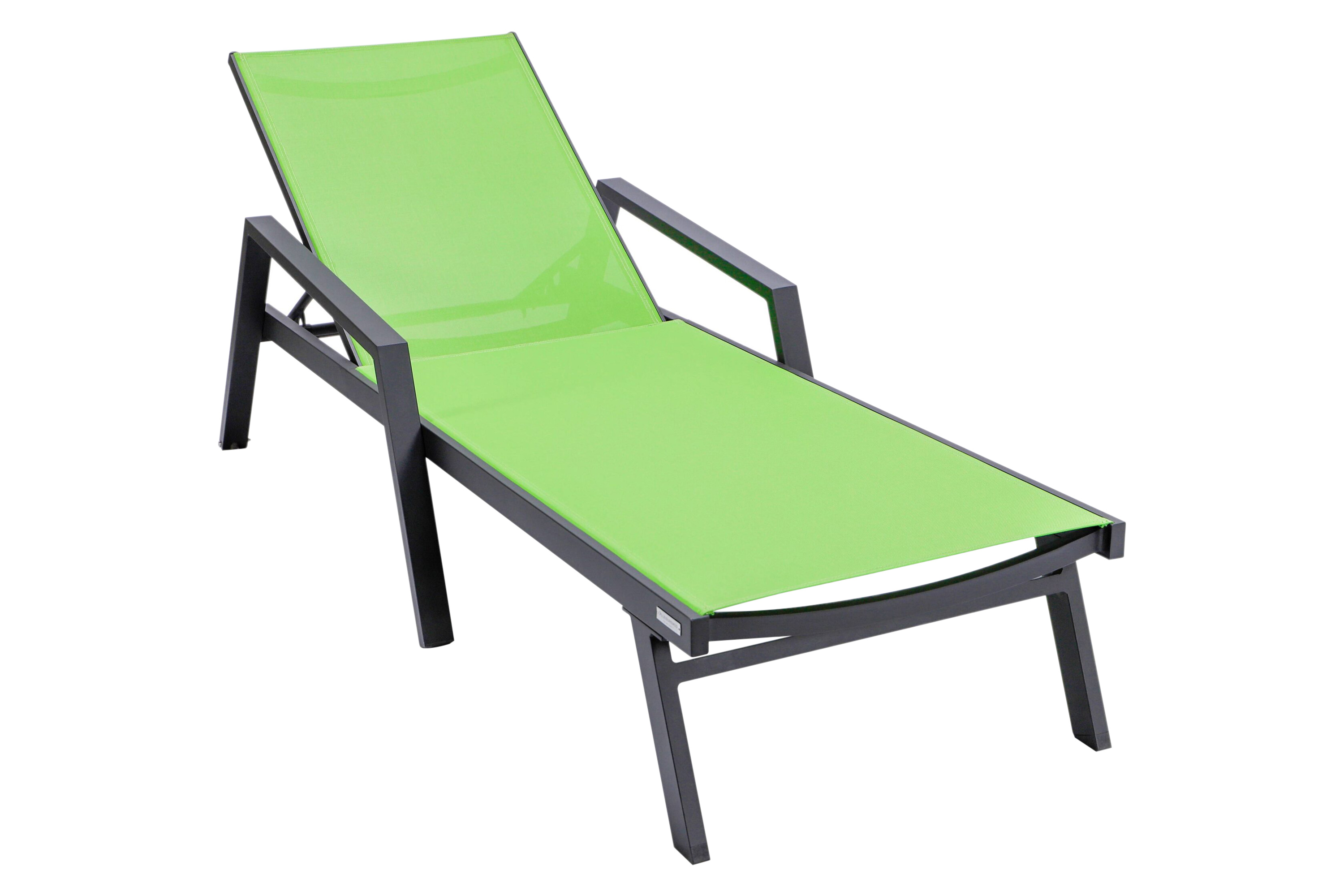 LeisureMod Marlin Modern Black Aluminum Outdoor Chaise Lounge Chair With Arms and Square Fire Pit Side Table for Patio - Green