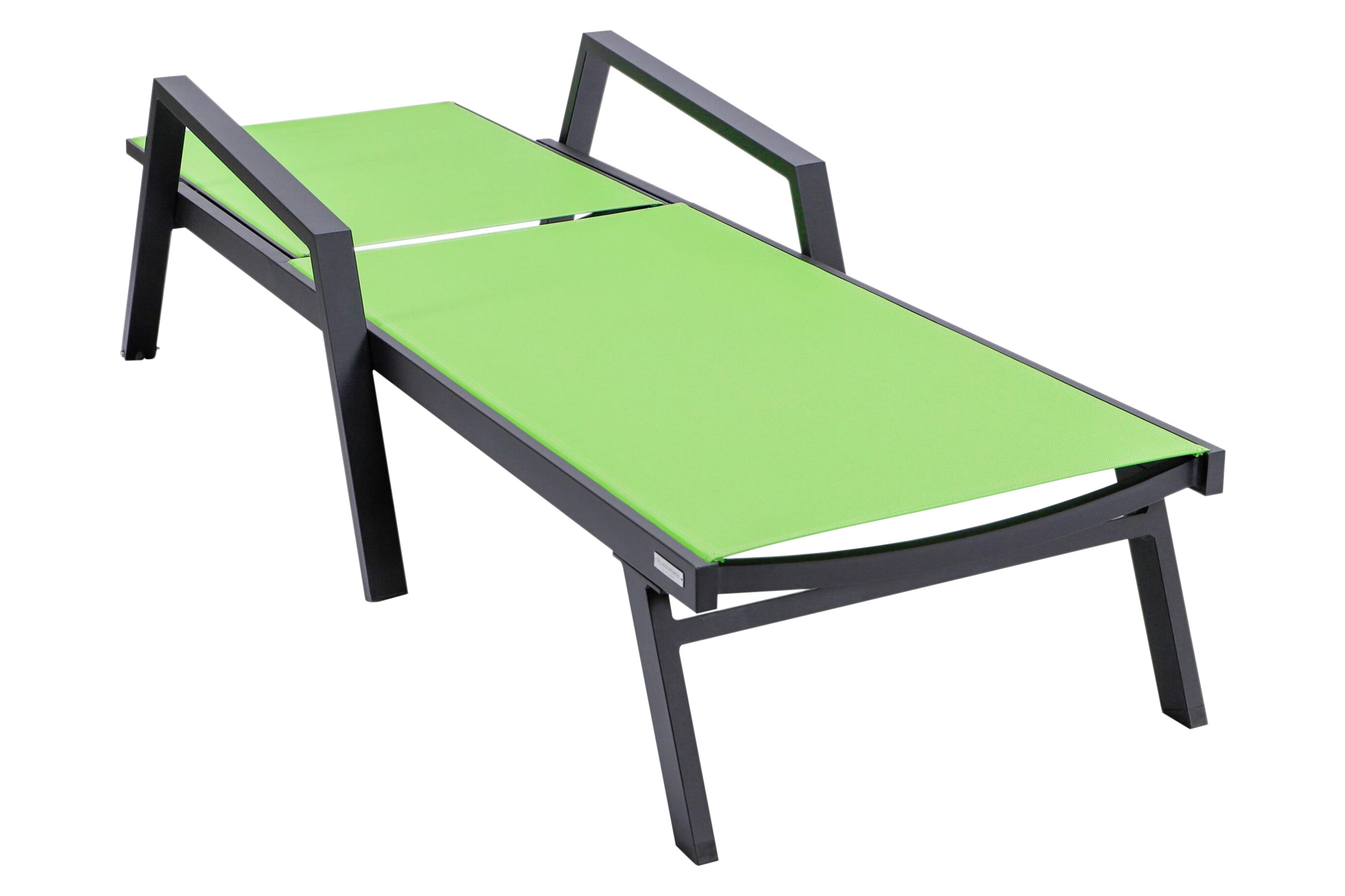 LeisureMod Marlin Modern Black Aluminum Outdoor Chaise Lounge Chair With Arms and Square Fire Pit Side Table for Patio - Green