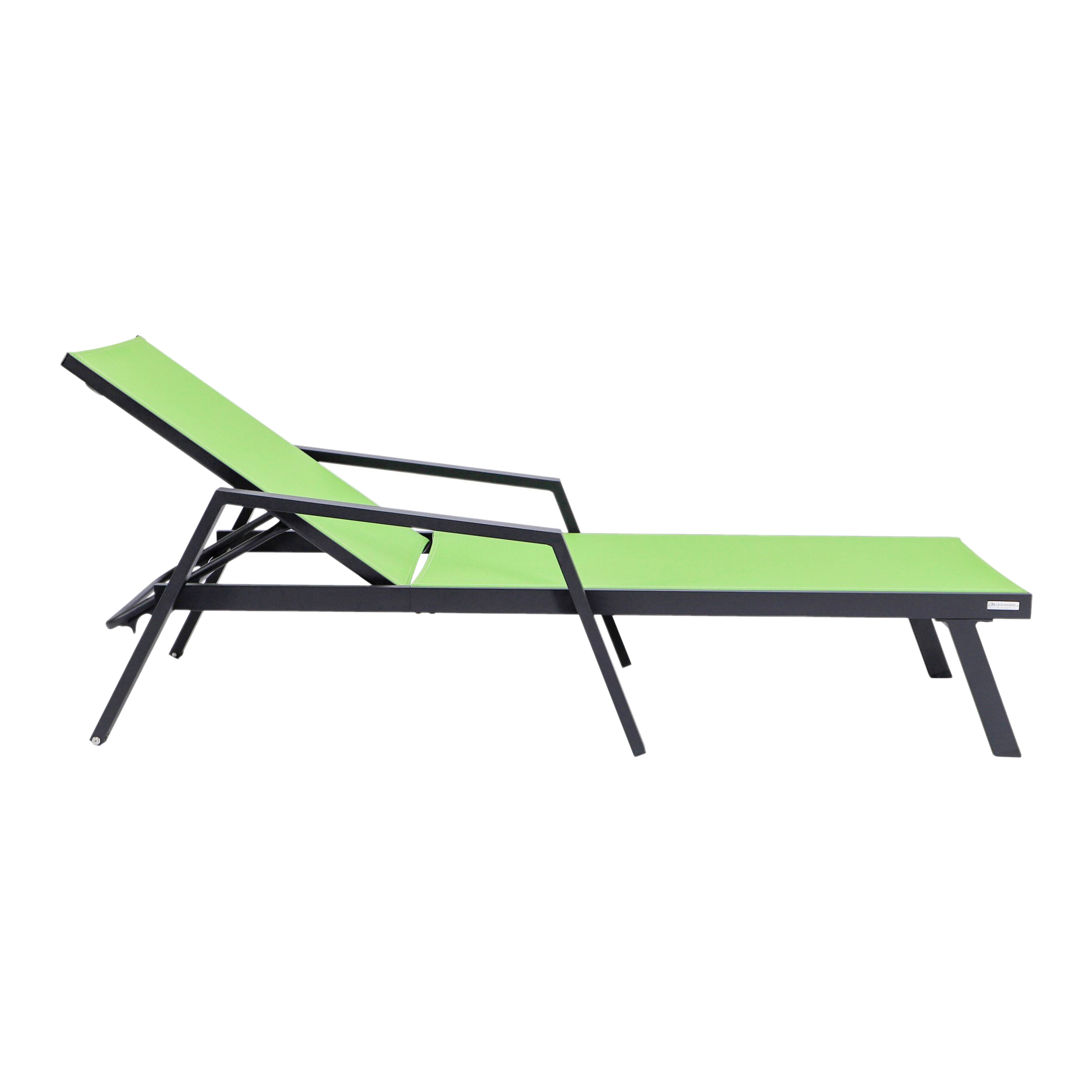 LeisureMod Marlin Modern Black Aluminum Outdoor Chaise Lounge Chair With Arms and Square Fire Pit Side Table for Patio - Green