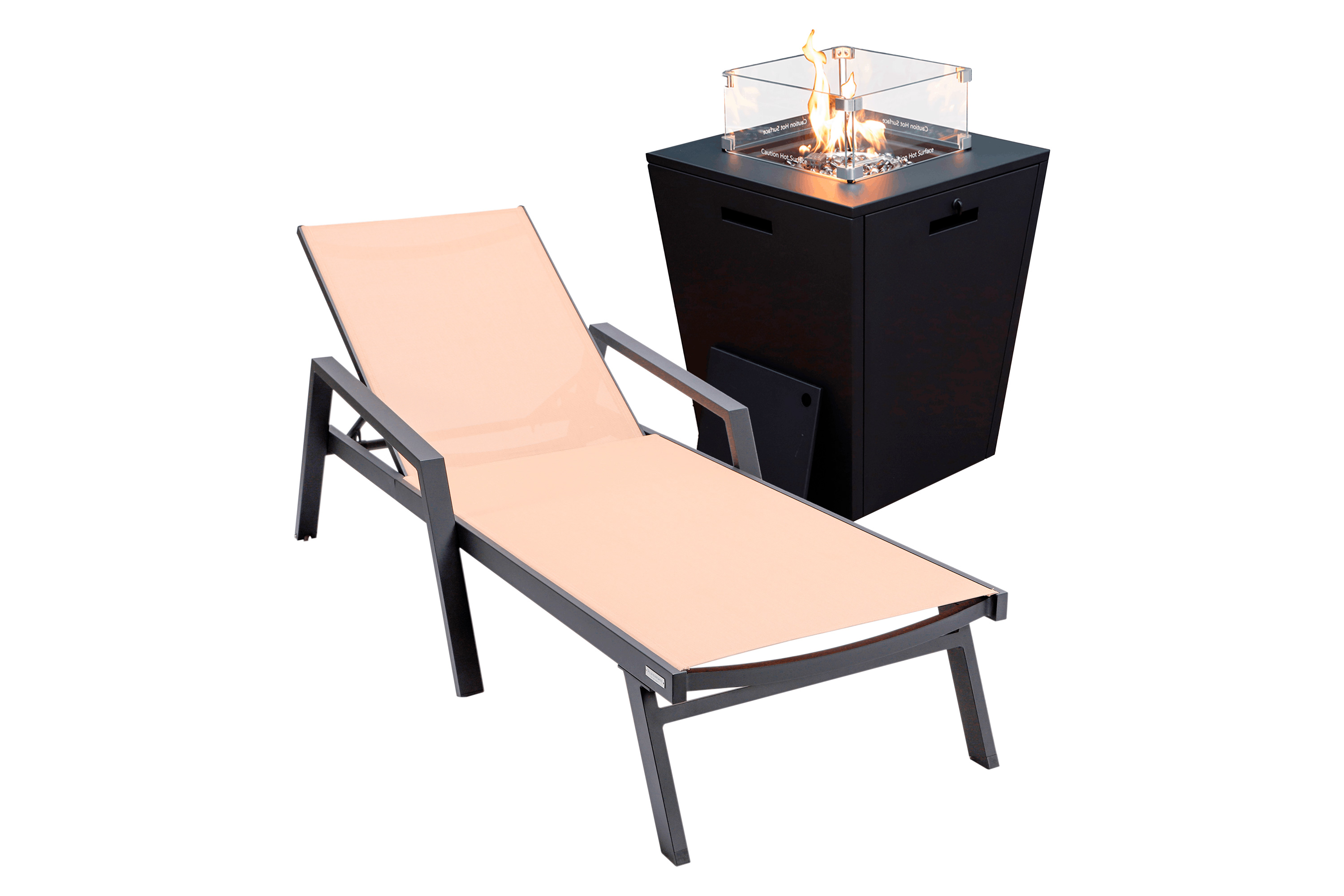 LeisureMod Marlin Modern Black Aluminum Outdoor Chaise Lounge Chair With Arms and Square Fire Pit Side Table for Patio