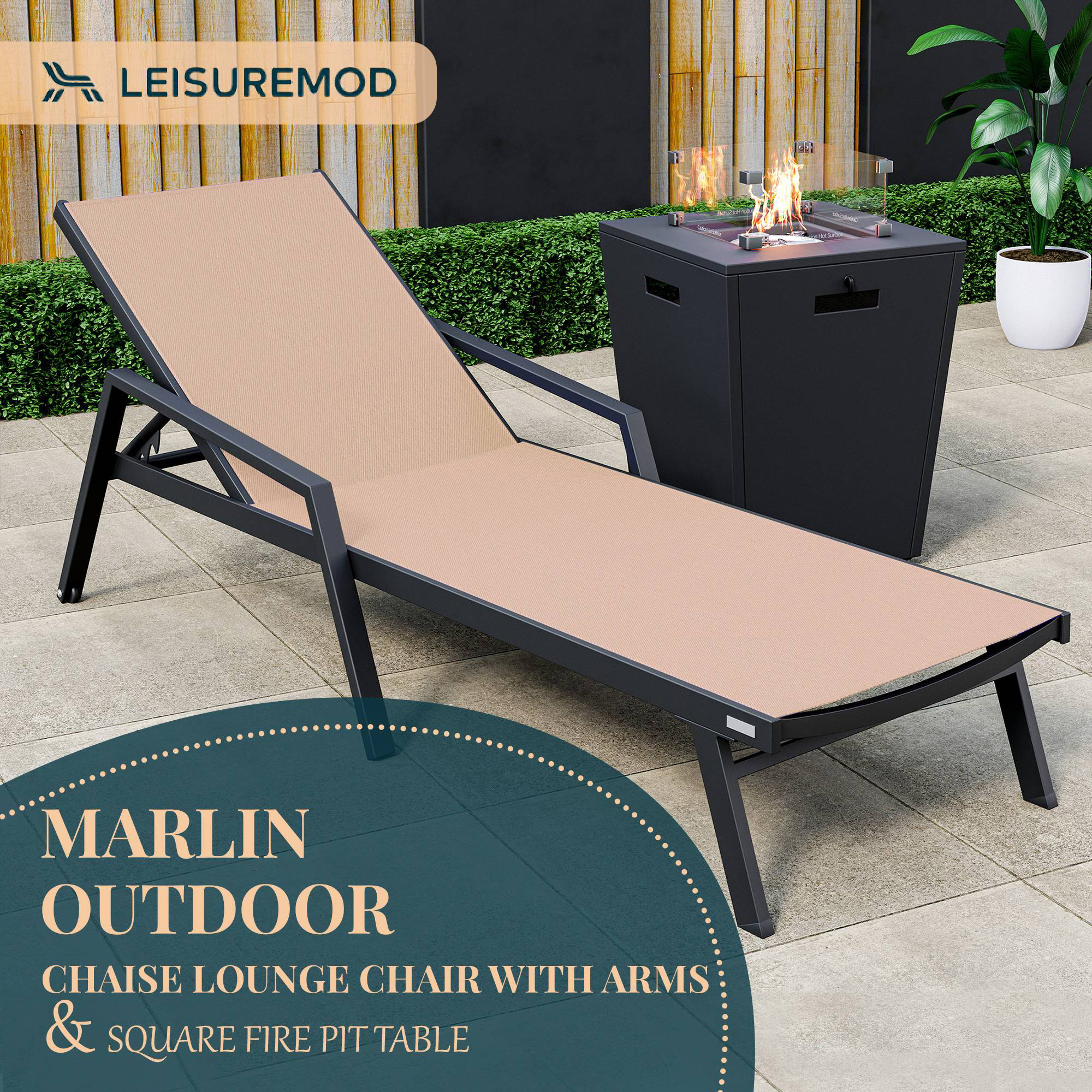 LeisureMod Marlin Modern Black Aluminum Outdoor Chaise Lounge Chair With Arms and Square Fire Pit Side Table for Patio - Light Brown