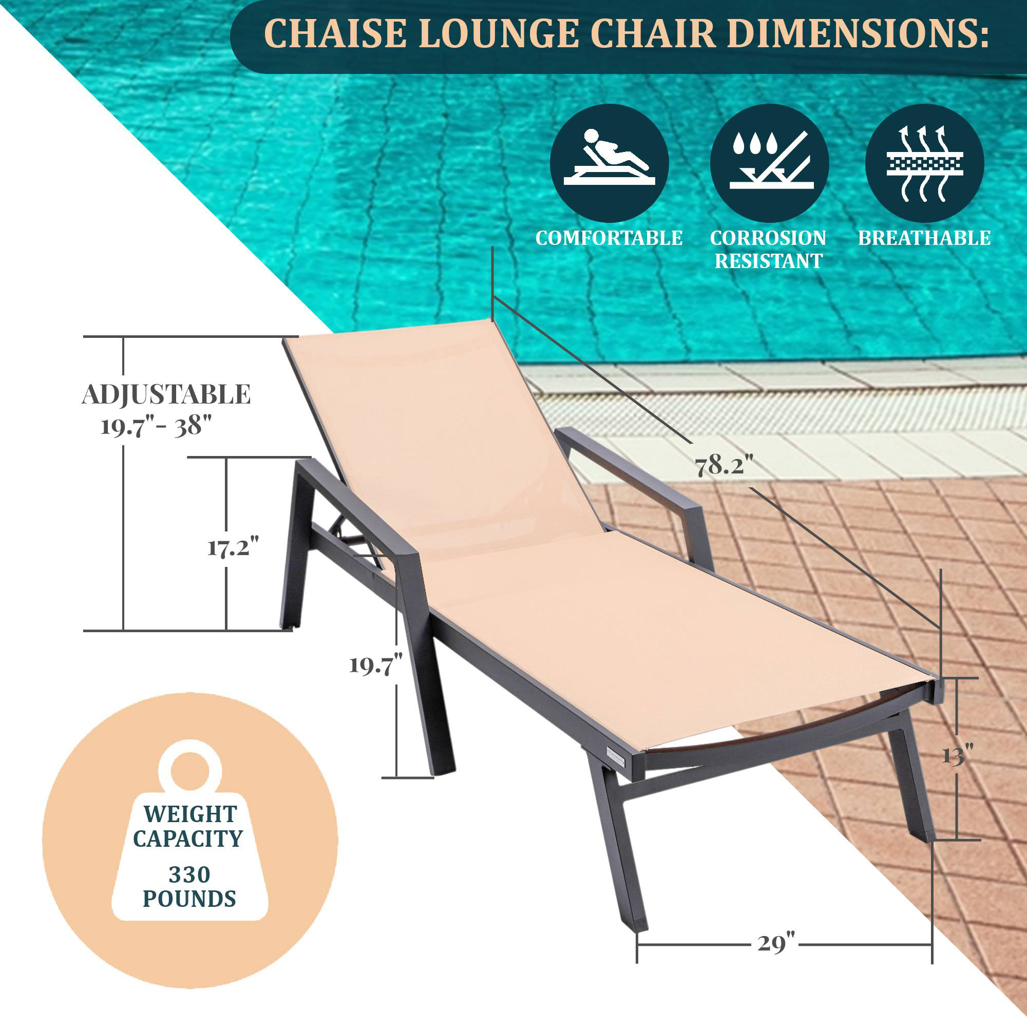 LeisureMod Marlin Modern Black Aluminum Outdoor Chaise Lounge Chair With Arms and Square Fire Pit Side Table for Patio - Light Brown