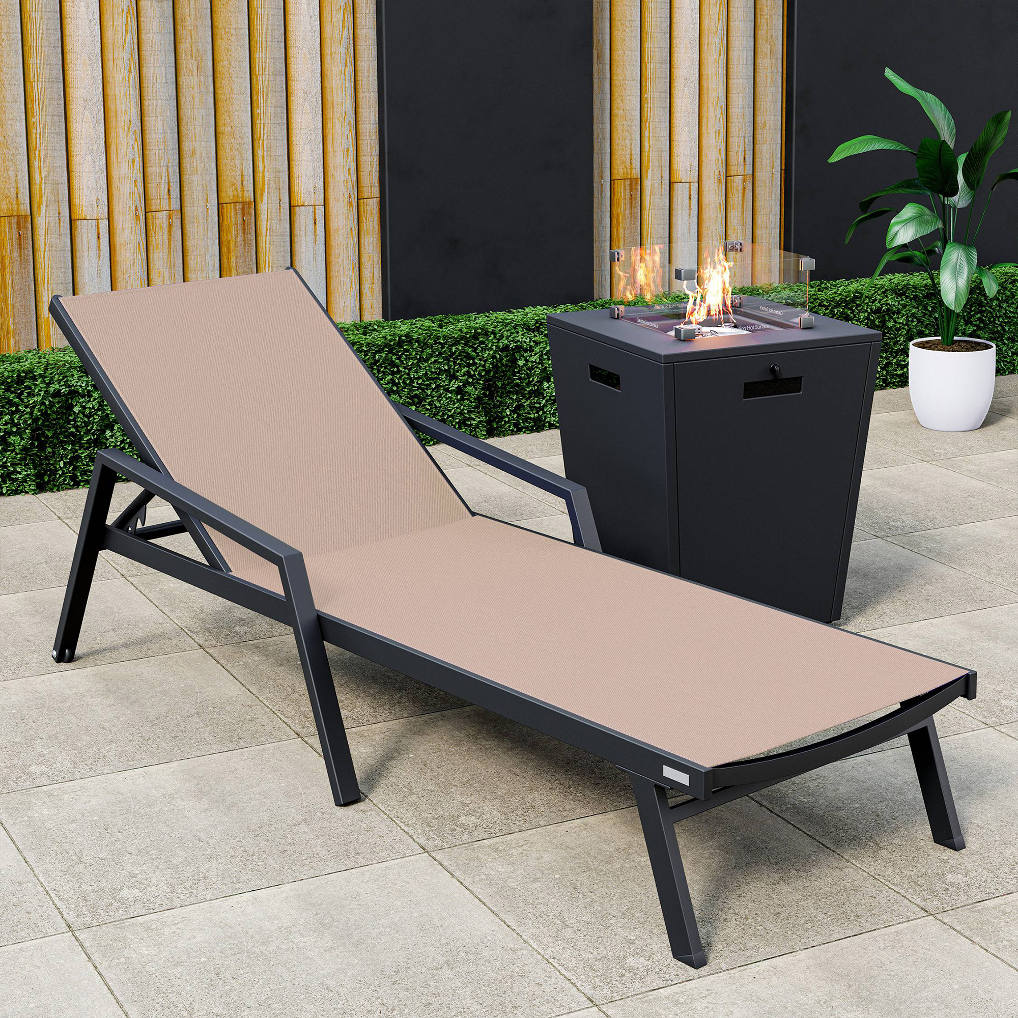 LeisureMod Marlin Modern Black Aluminum Outdoor Chaise Lounge Chair With Arms and Square Fire Pit Side Table for Patio - Light Brown