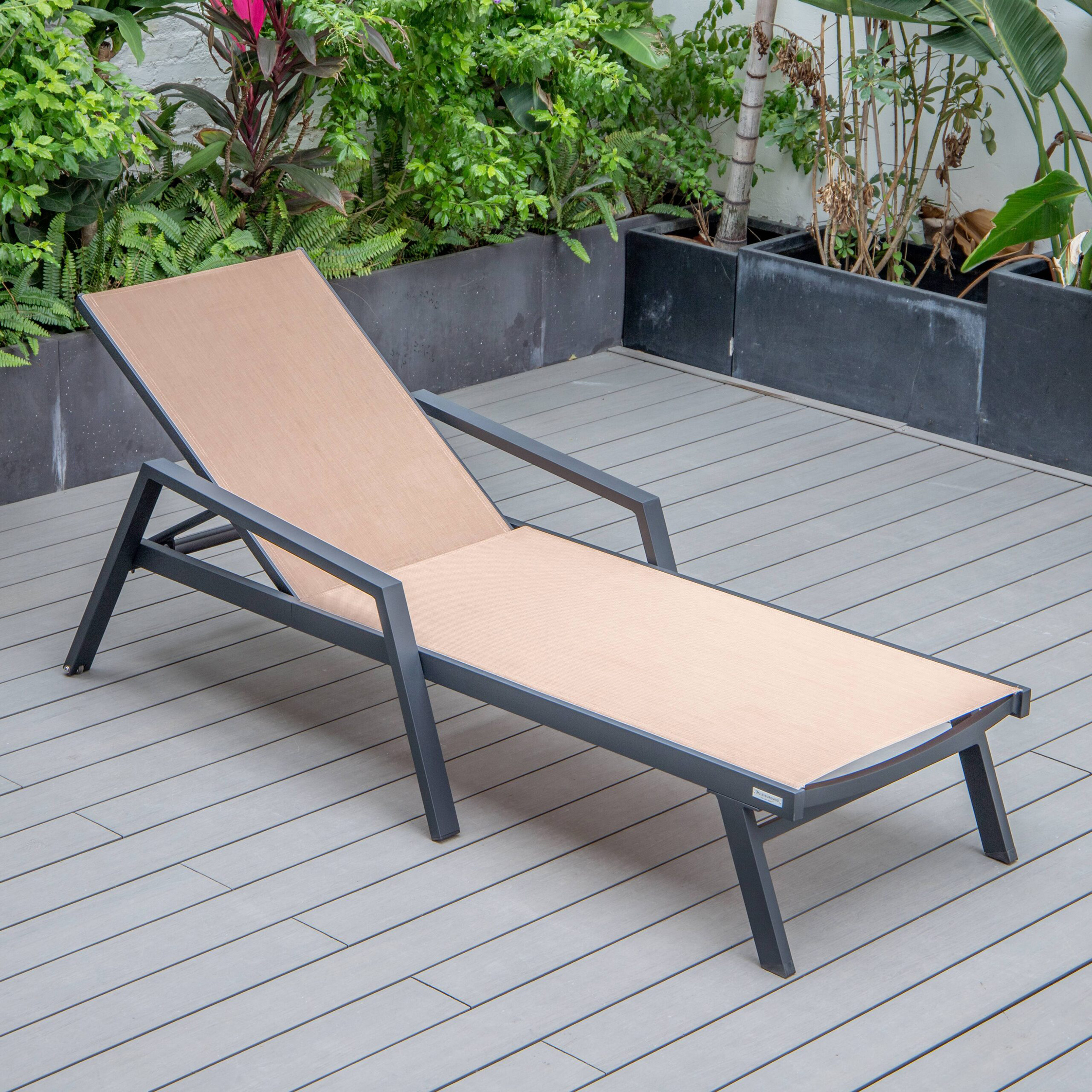 LeisureMod Marlin Modern Black Aluminum Outdoor Chaise Lounge Chair With Arms and Square Fire Pit Side Table for Patio - Light Brown