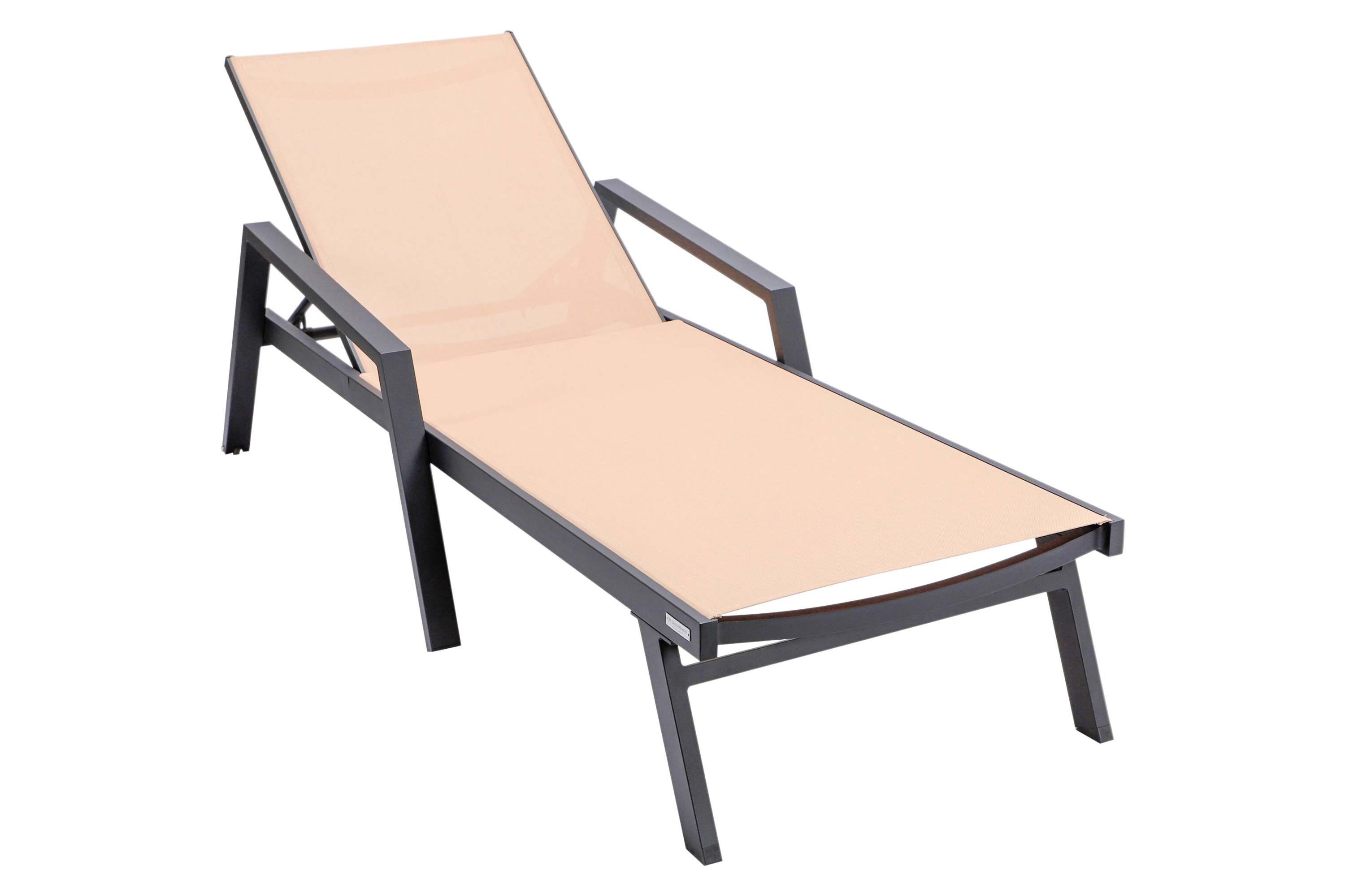 LeisureMod Marlin Modern Black Aluminum Outdoor Chaise Lounge Chair With Arms and Square Fire Pit Side Table for Patio - Light Brown