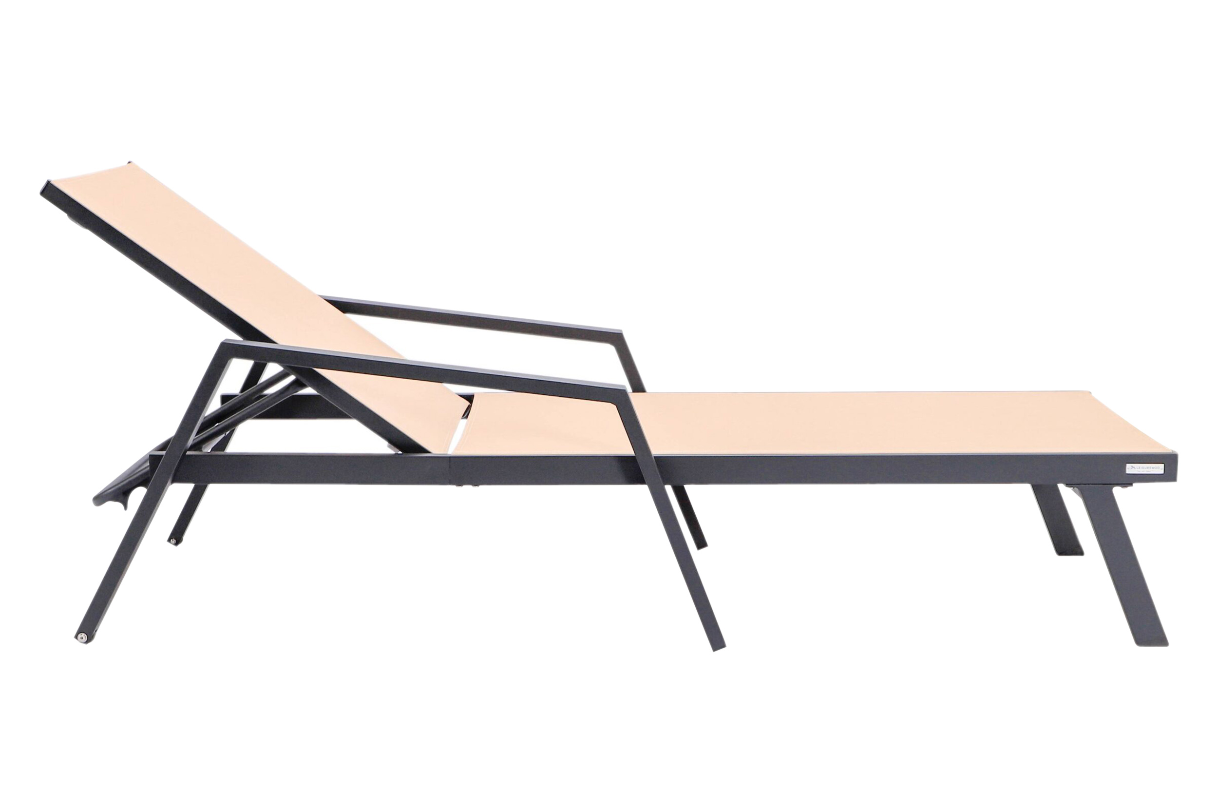 LeisureMod Marlin Modern Black Aluminum Outdoor Chaise Lounge Chair With Arms and Square Fire Pit Side Table for Patio - Light Brown