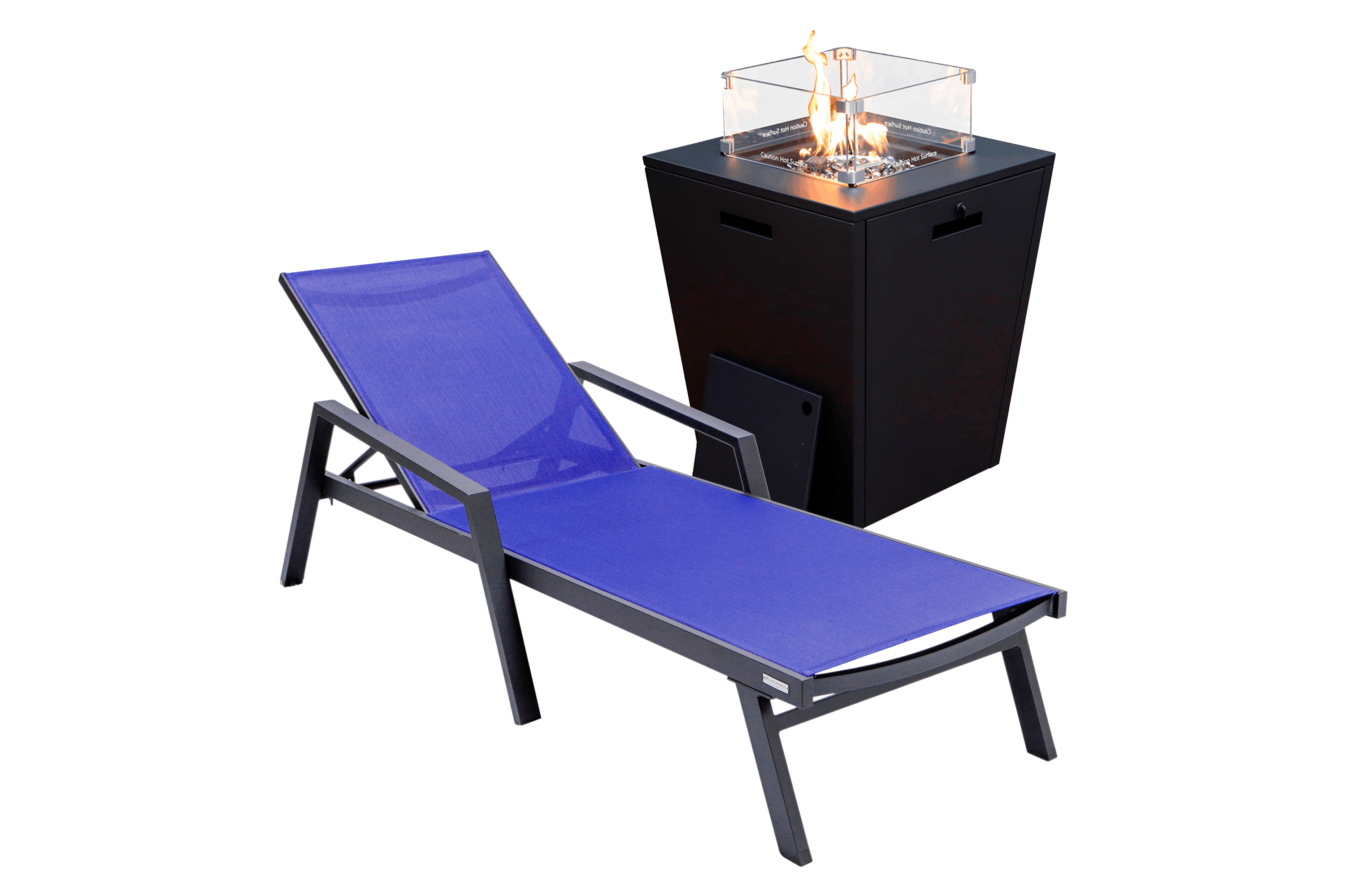 LeisureMod Marlin Modern Black Aluminum Outdoor Chaise Lounge Chair With Arms and Square Fire Pit Side Table for Patio