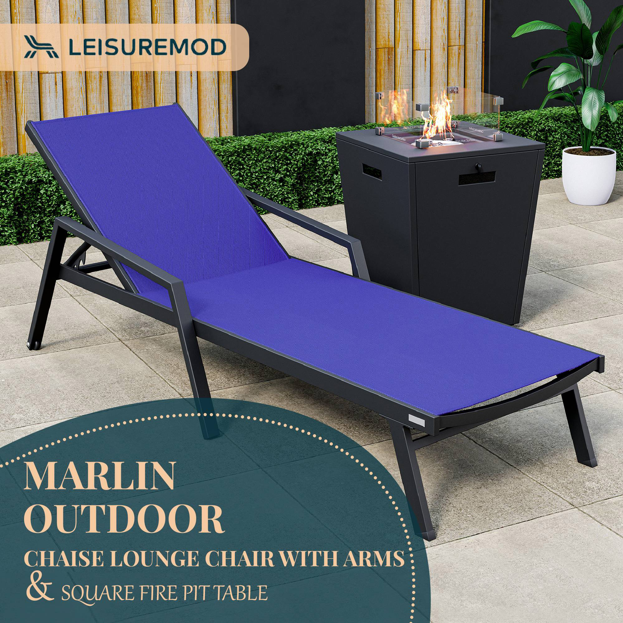 LeisureMod Marlin Modern Black Aluminum Outdoor Chaise Lounge Chair With Arms and Square Fire Pit Side Table for Patio - Navy Blue