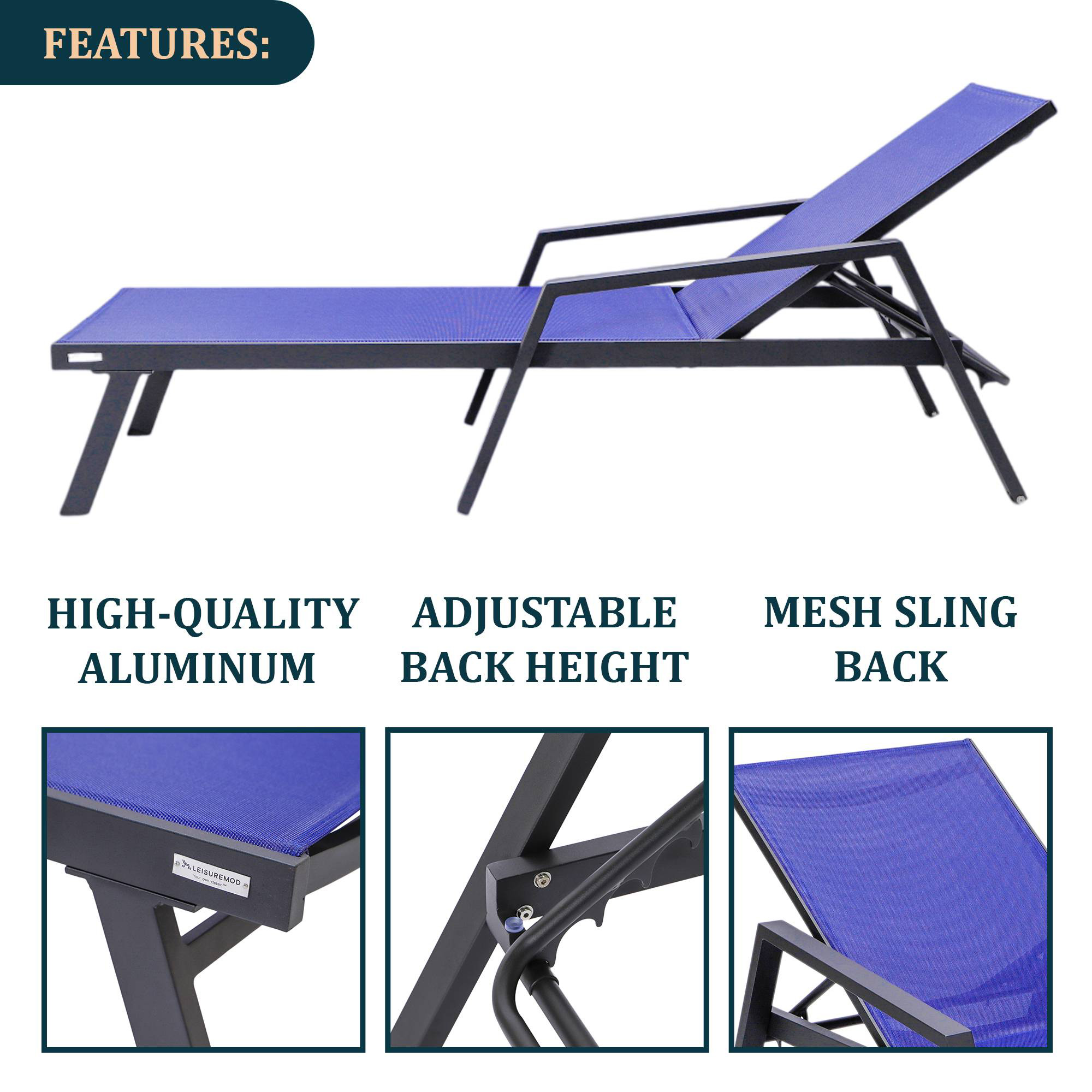 LeisureMod Marlin Modern Black Aluminum Outdoor Chaise Lounge Chair With Arms and Square Fire Pit Side Table for Patio - Navy Blue