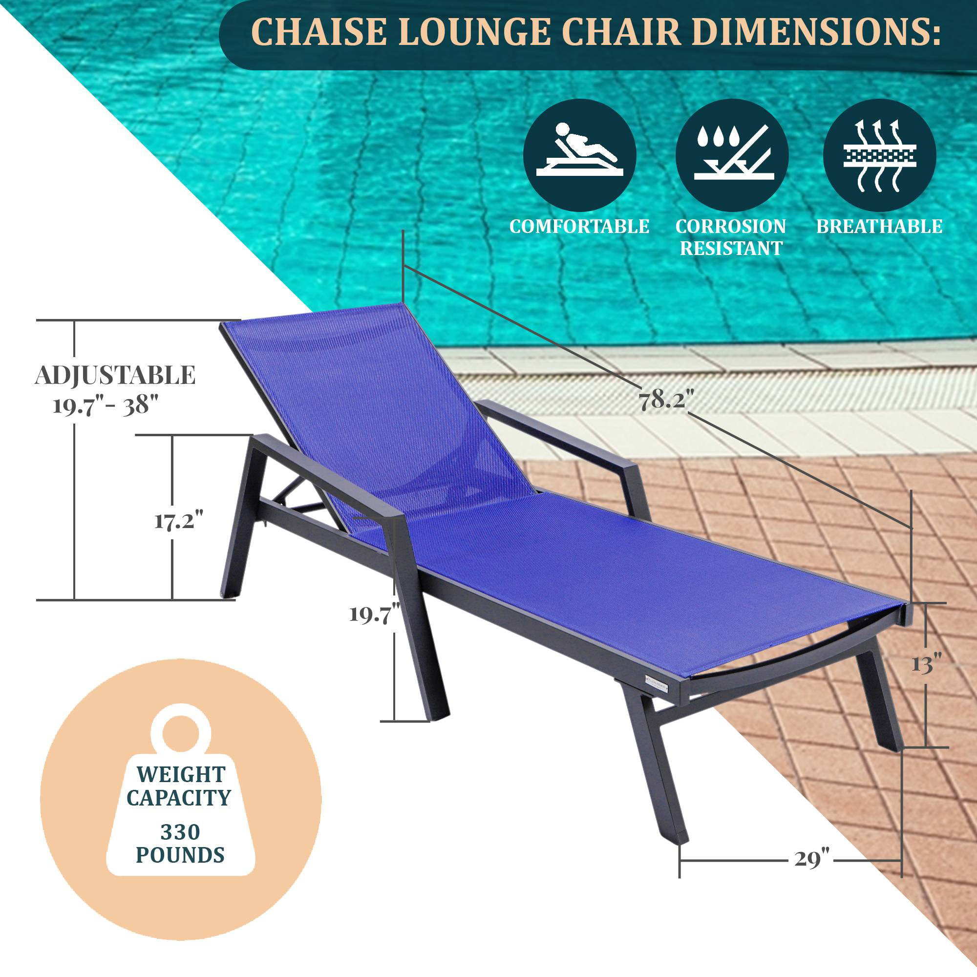 LeisureMod Marlin Modern Black Aluminum Outdoor Chaise Lounge Chair With Arms and Square Fire Pit Side Table for Patio - Navy Blue