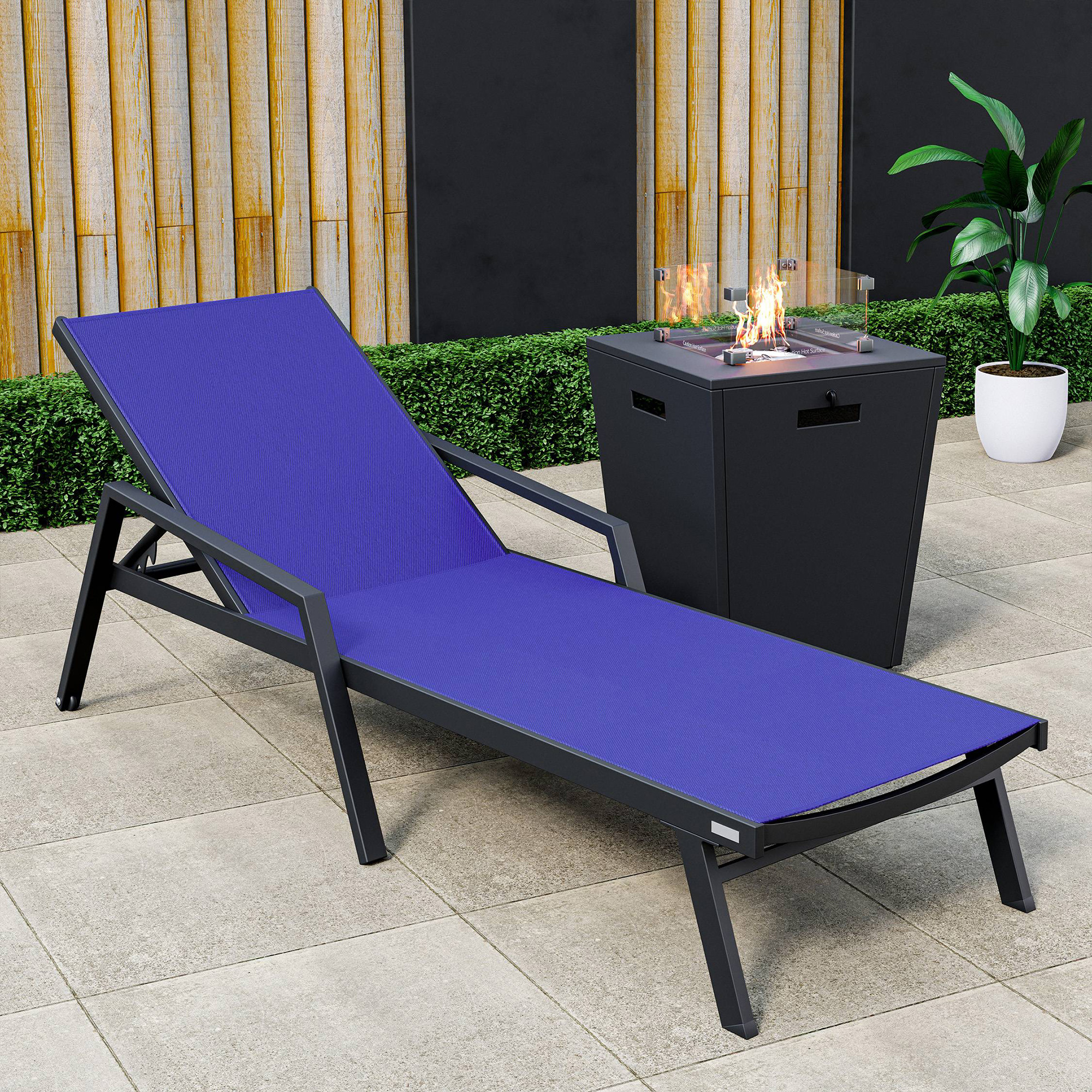 LeisureMod Marlin Modern Black Aluminum Outdoor Chaise Lounge Chair With Arms and Square Fire Pit Side Table for Patio - Navy Blue