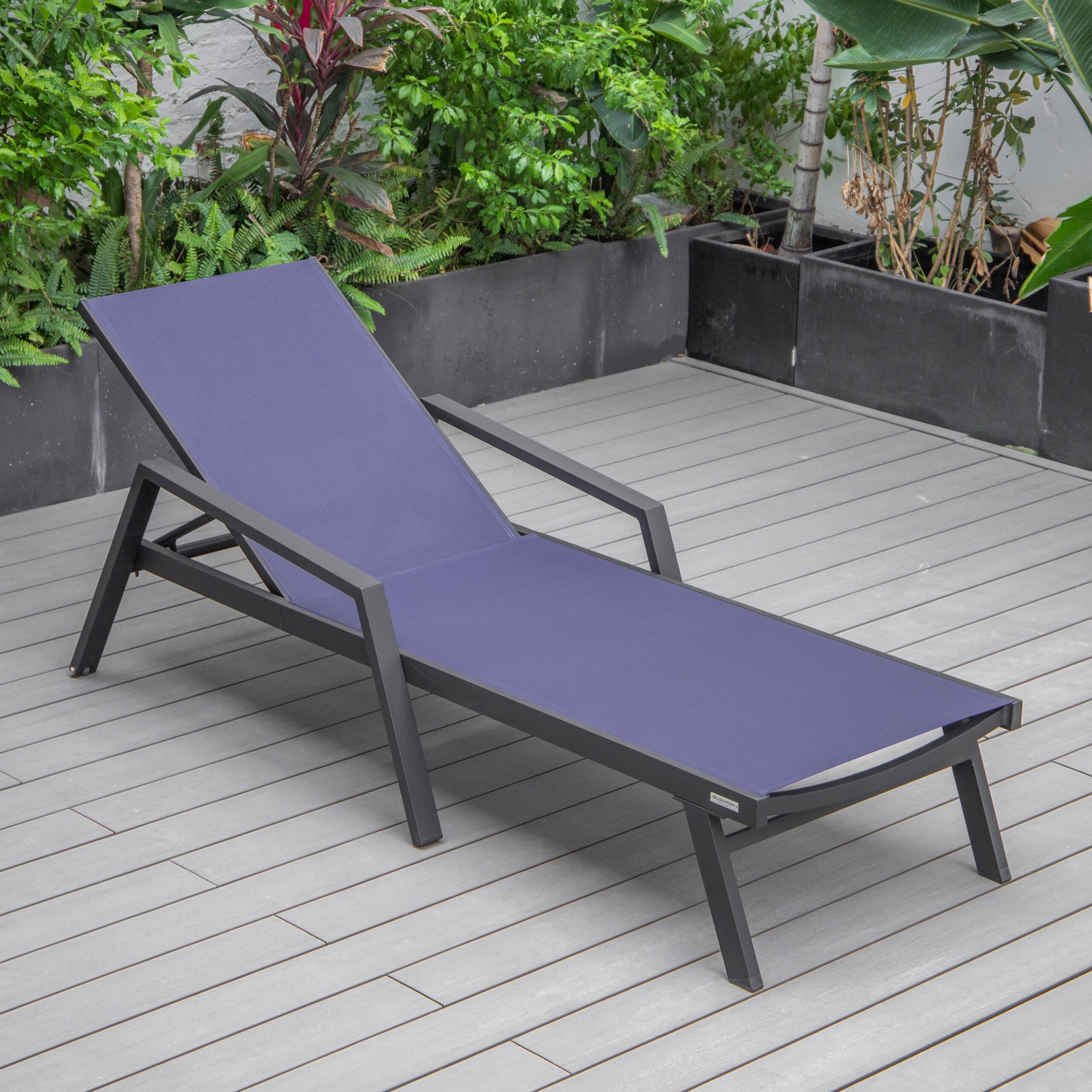 LeisureMod Marlin Modern Black Aluminum Outdoor Chaise Lounge Chair With Arms and Square Fire Pit Side Table for Patio - Navy Blue