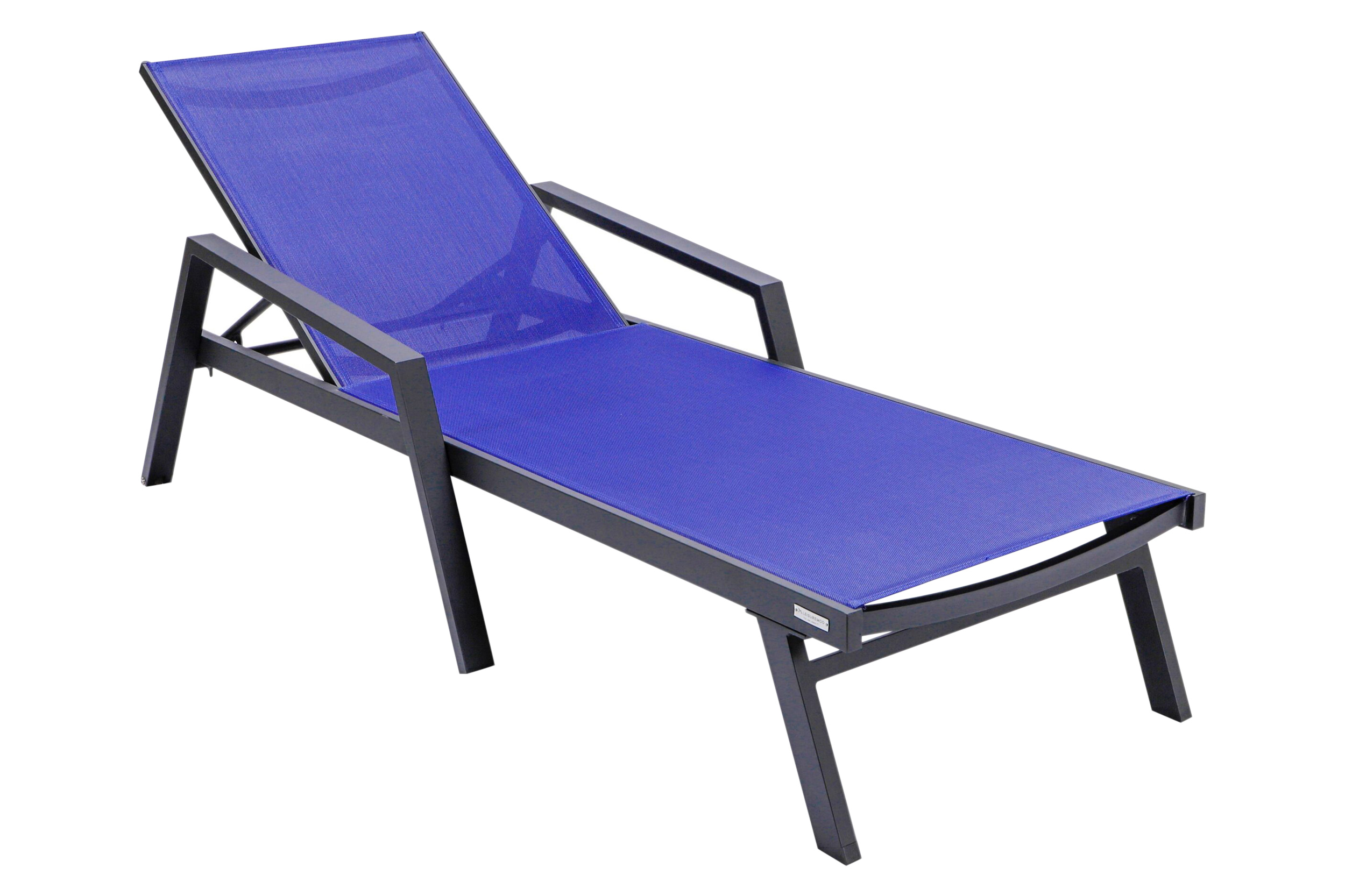 LeisureMod Marlin Modern Black Aluminum Outdoor Chaise Lounge Chair With Arms and Square Fire Pit Side Table for Patio - Navy Blue