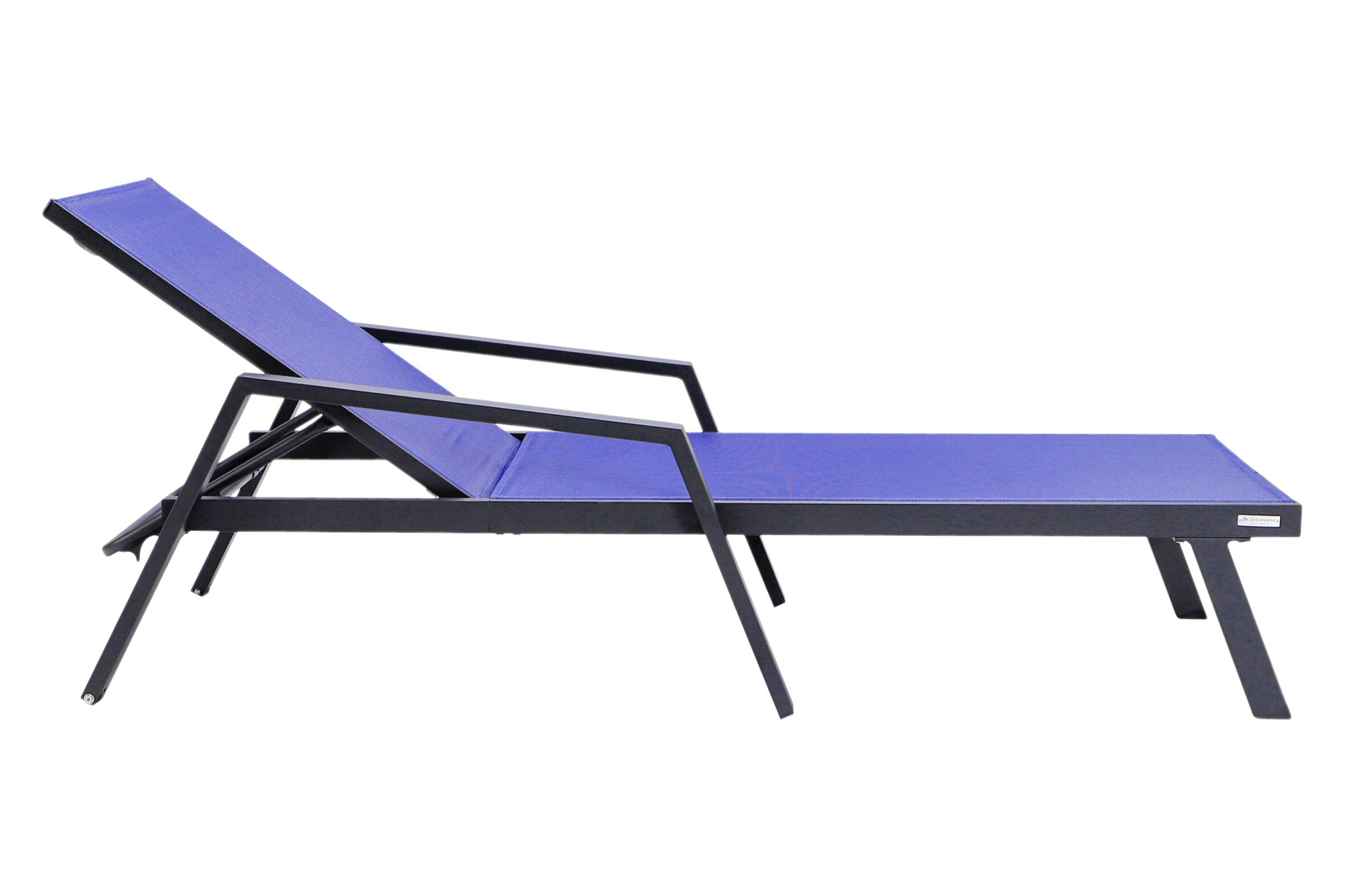 LeisureMod Marlin Modern Black Aluminum Outdoor Chaise Lounge Chair With Arms and Square Fire Pit Side Table for Patio - Navy Blue