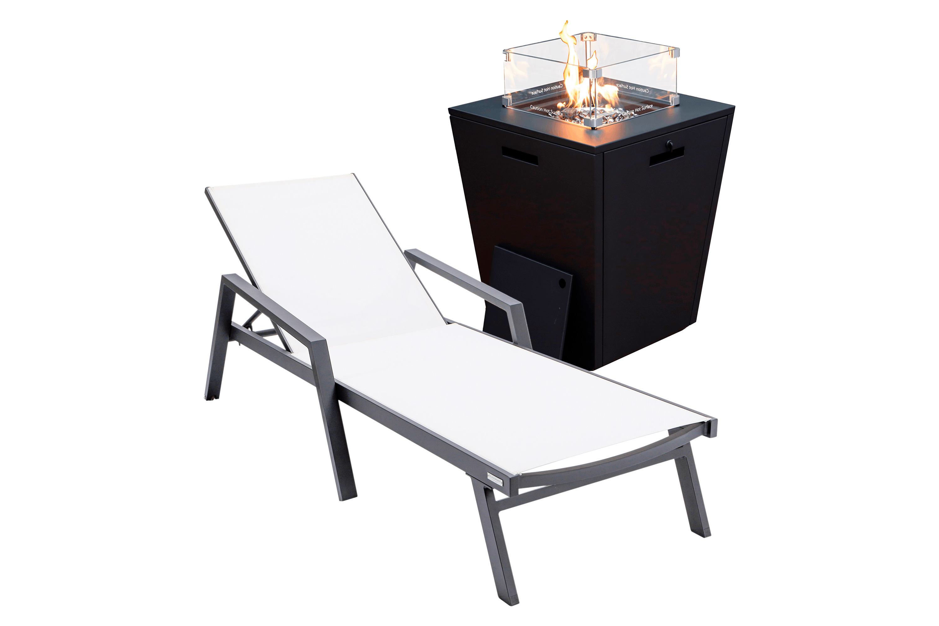 LeisureMod Marlin Modern Black Aluminum Outdoor Chaise Lounge Chair With Arms and Square Fire Pit Side Table for Patio