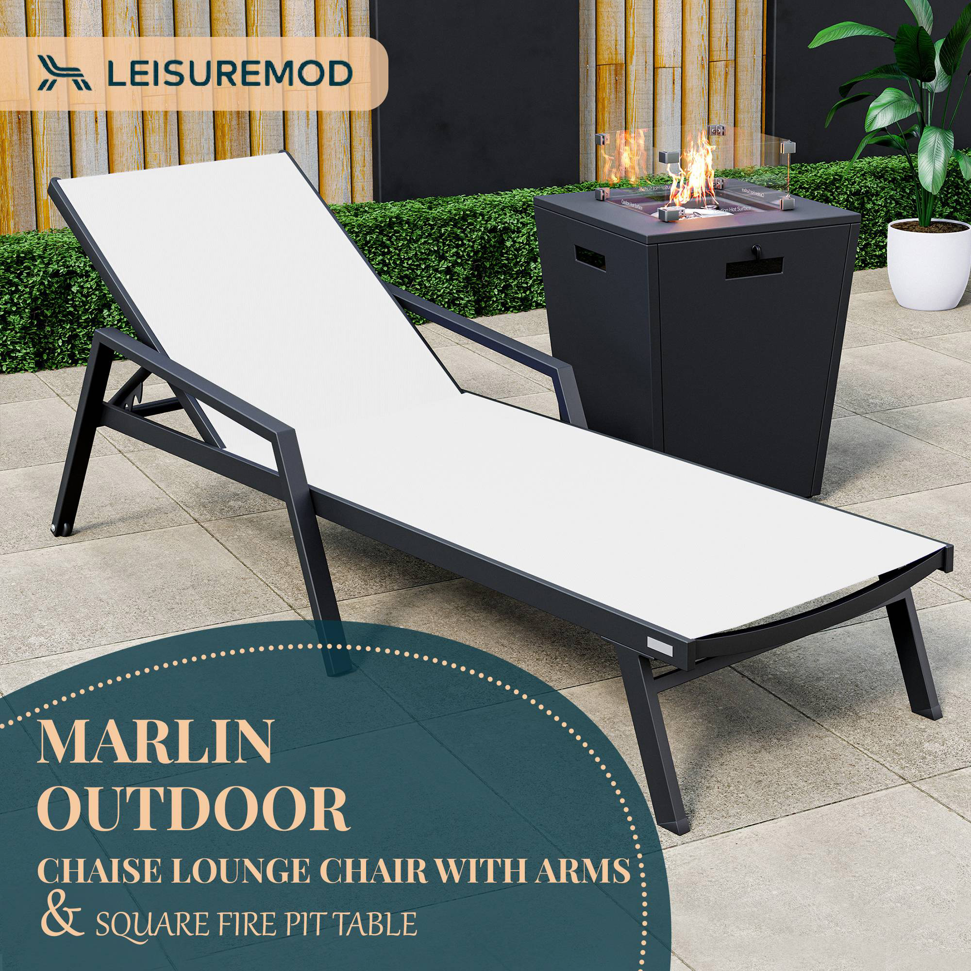 LeisureMod Marlin Modern Black Aluminum Outdoor Chaise Lounge Chair With Arms and Square Fire Pit Side Table for Patio - White