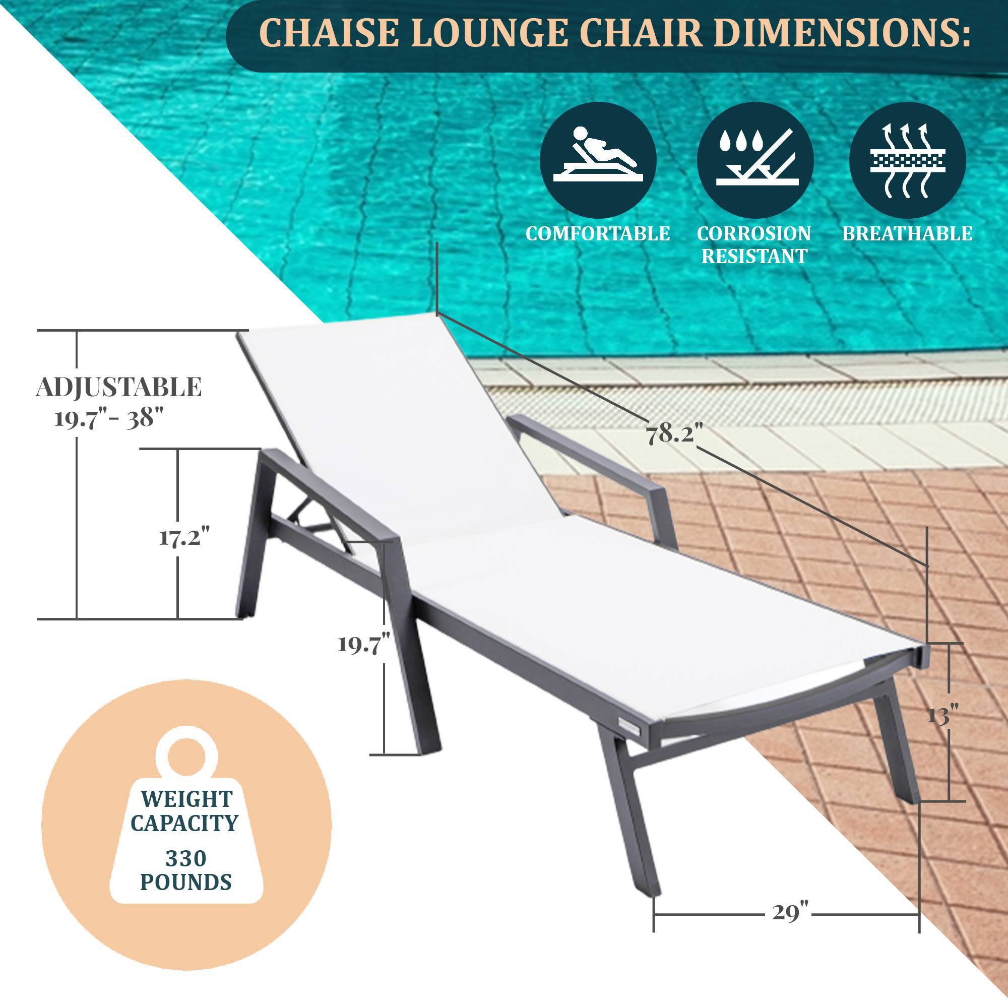 LeisureMod Marlin Modern Black Aluminum Outdoor Chaise Lounge Chair With Arms and Square Fire Pit Side Table for Patio - White