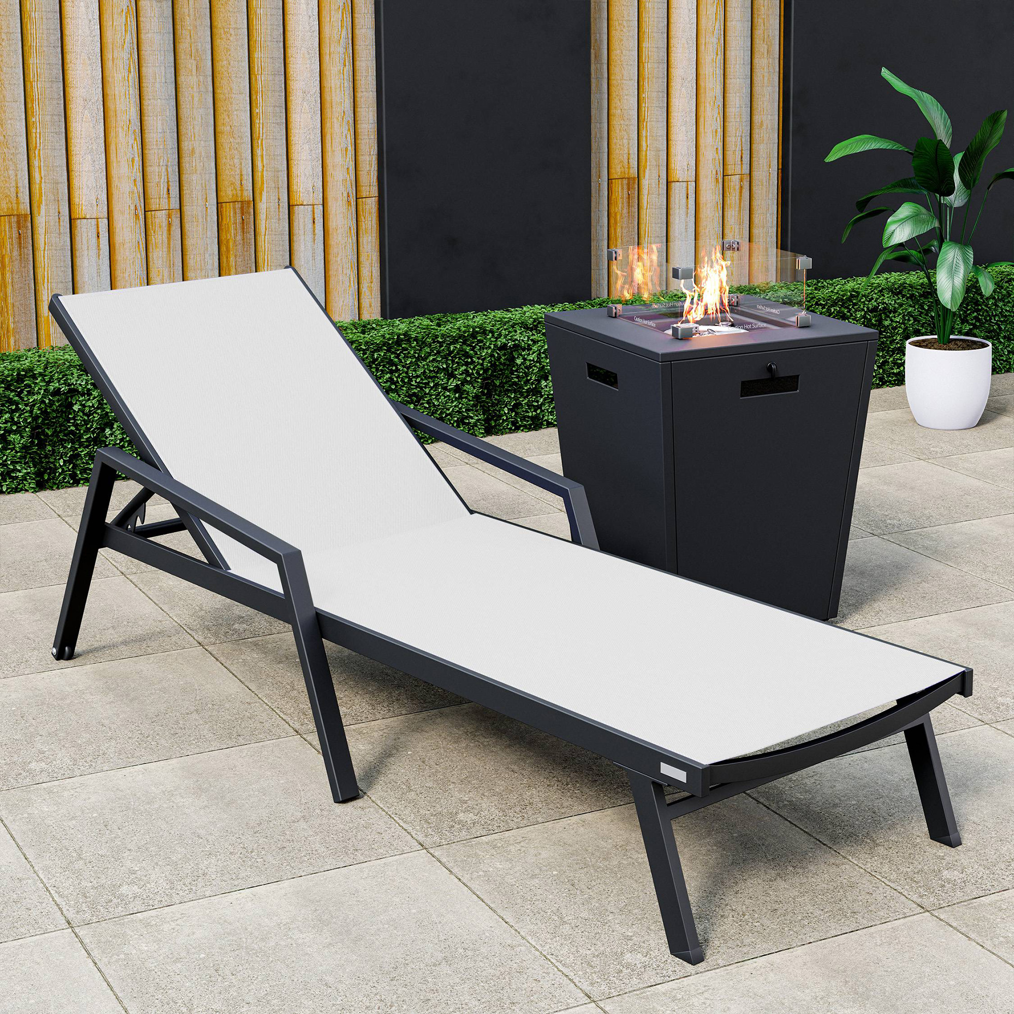 LeisureMod Marlin Modern Black Aluminum Outdoor Chaise Lounge Chair With Arms and Square Fire Pit Side Table for Patio - White