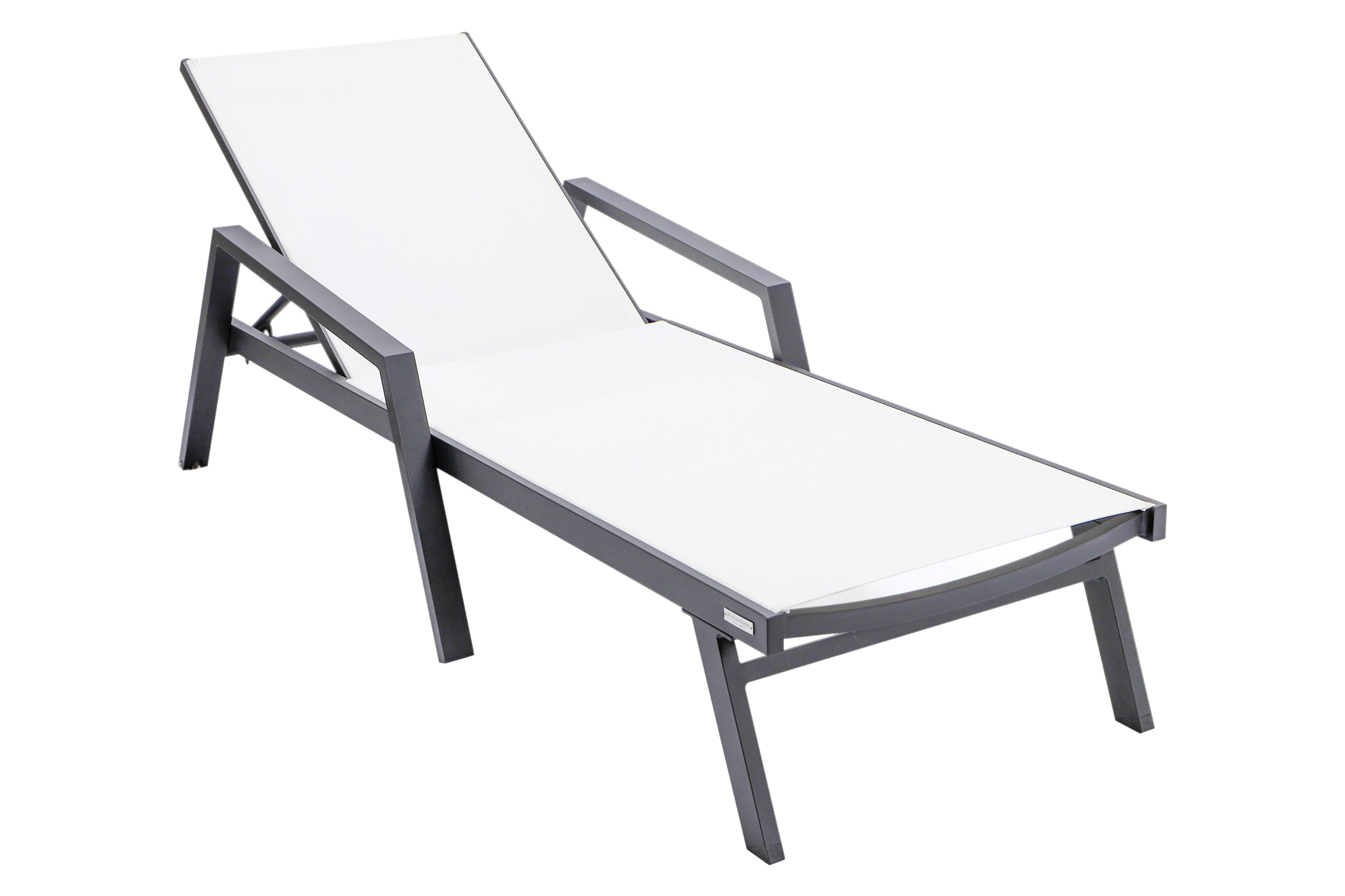 LeisureMod Marlin Modern Black Aluminum Outdoor Chaise Lounge Chair With Arms and Square Fire Pit Side Table for Patio - White