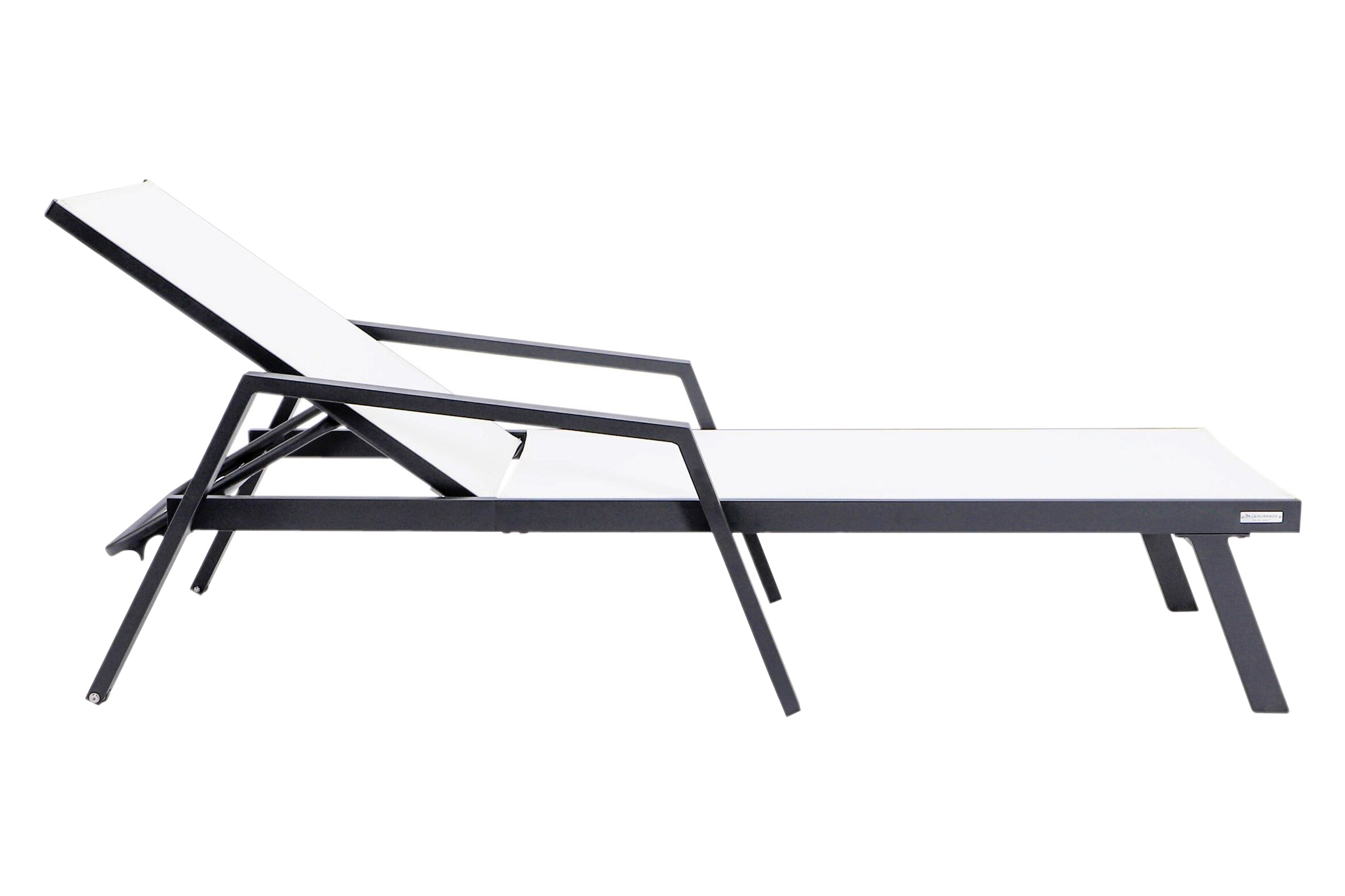 LeisureMod Marlin Modern Black Aluminum Outdoor Chaise Lounge Chair With Arms and Square Fire Pit Side Table for Patio - White