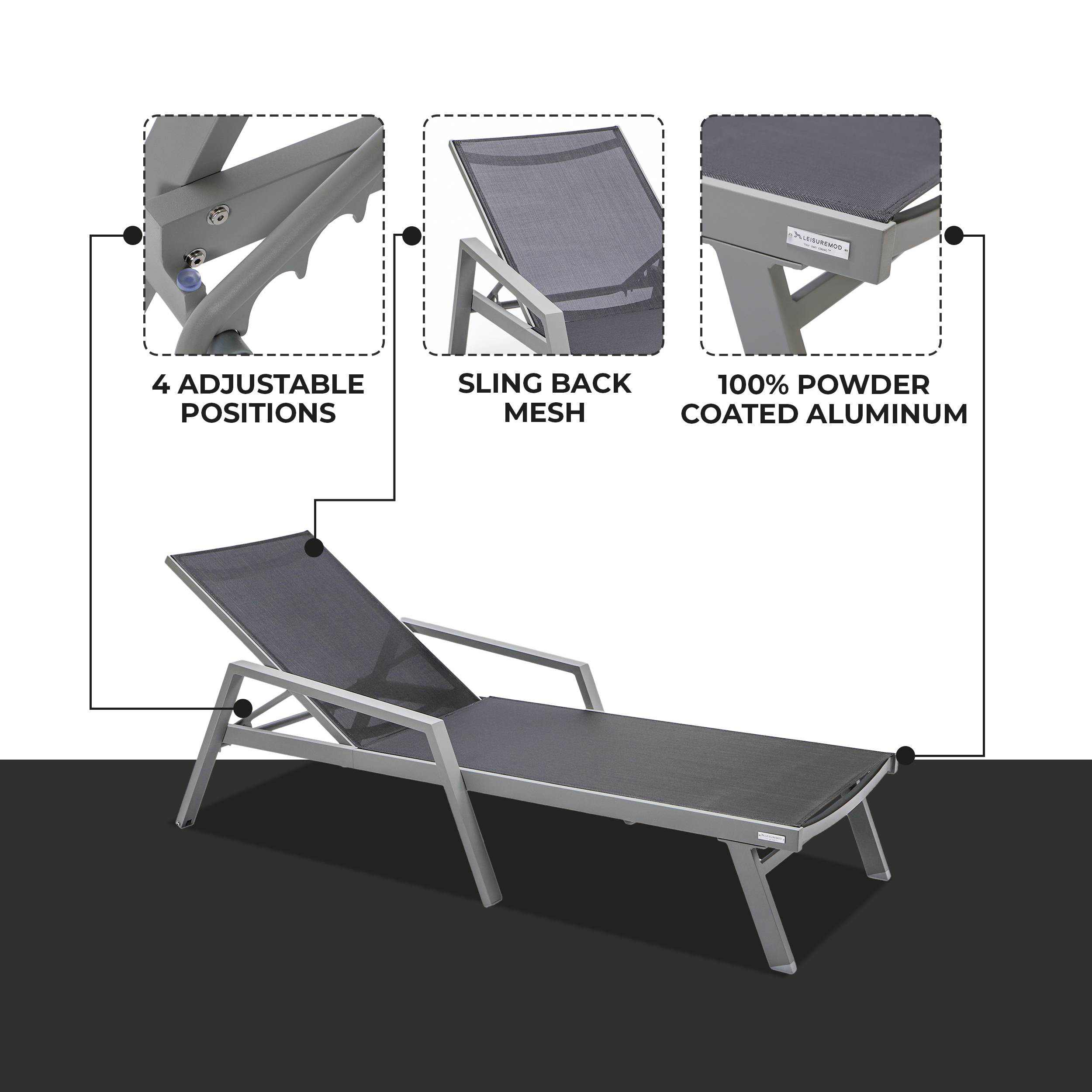 LeisureMod Marlin Patio Chaise Lounge Chair With Armrests In Gray Aluminum Frame - Black