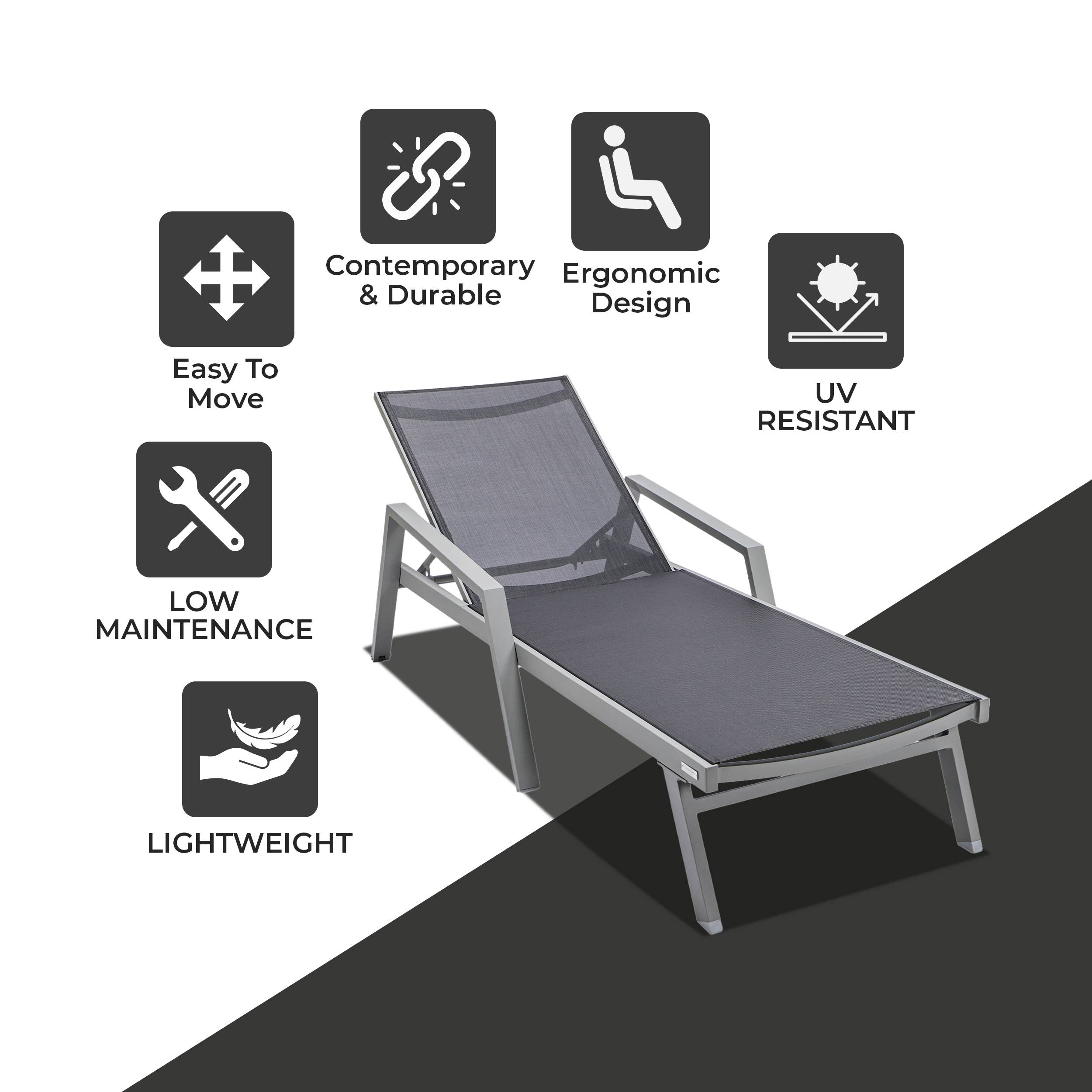 LeisureMod Marlin Patio Chaise Lounge Chair With Armrests In Gray Aluminum Frame - Black