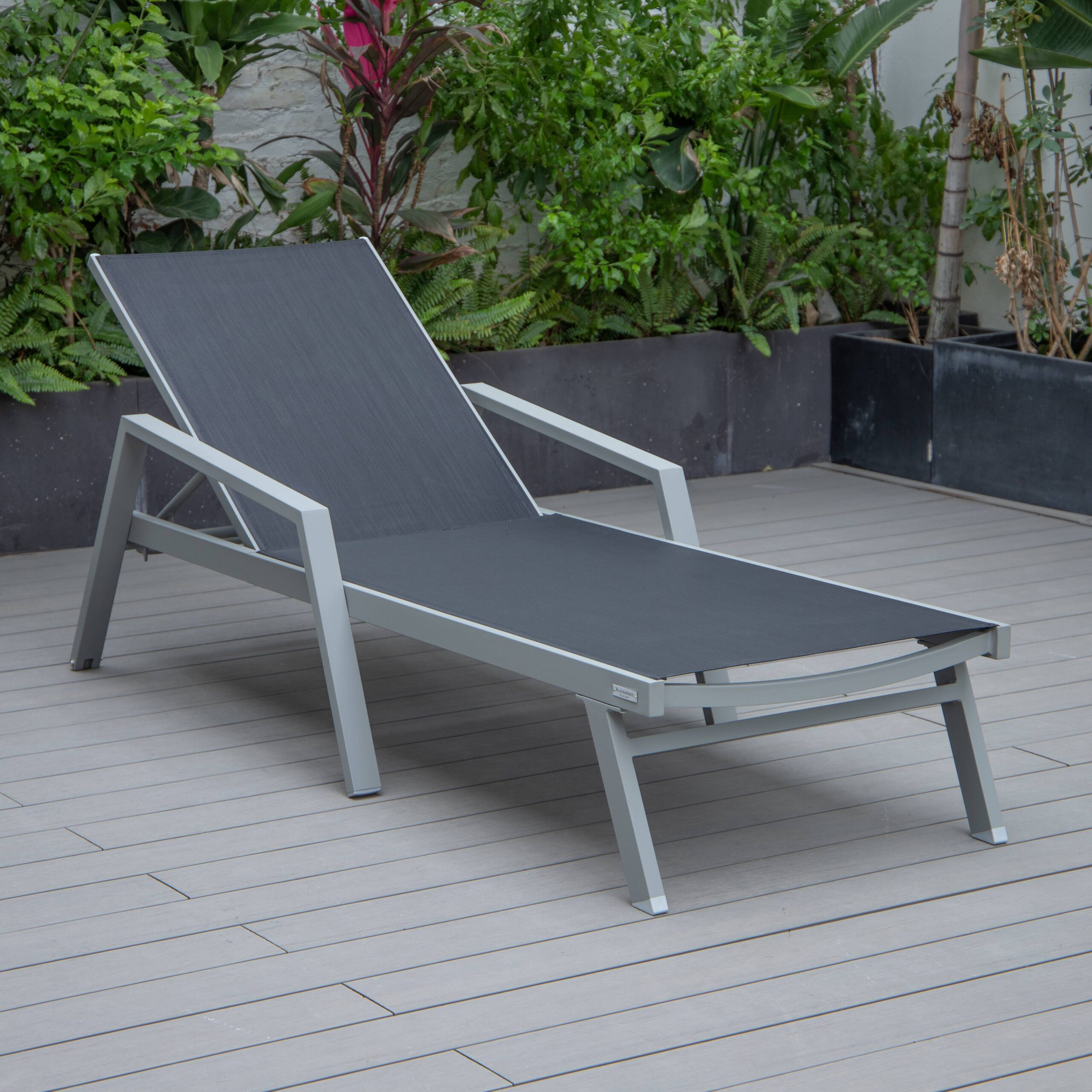 LeisureMod Marlin Patio Chaise Lounge Chair With Armrests In Gray Aluminum Frame - Black