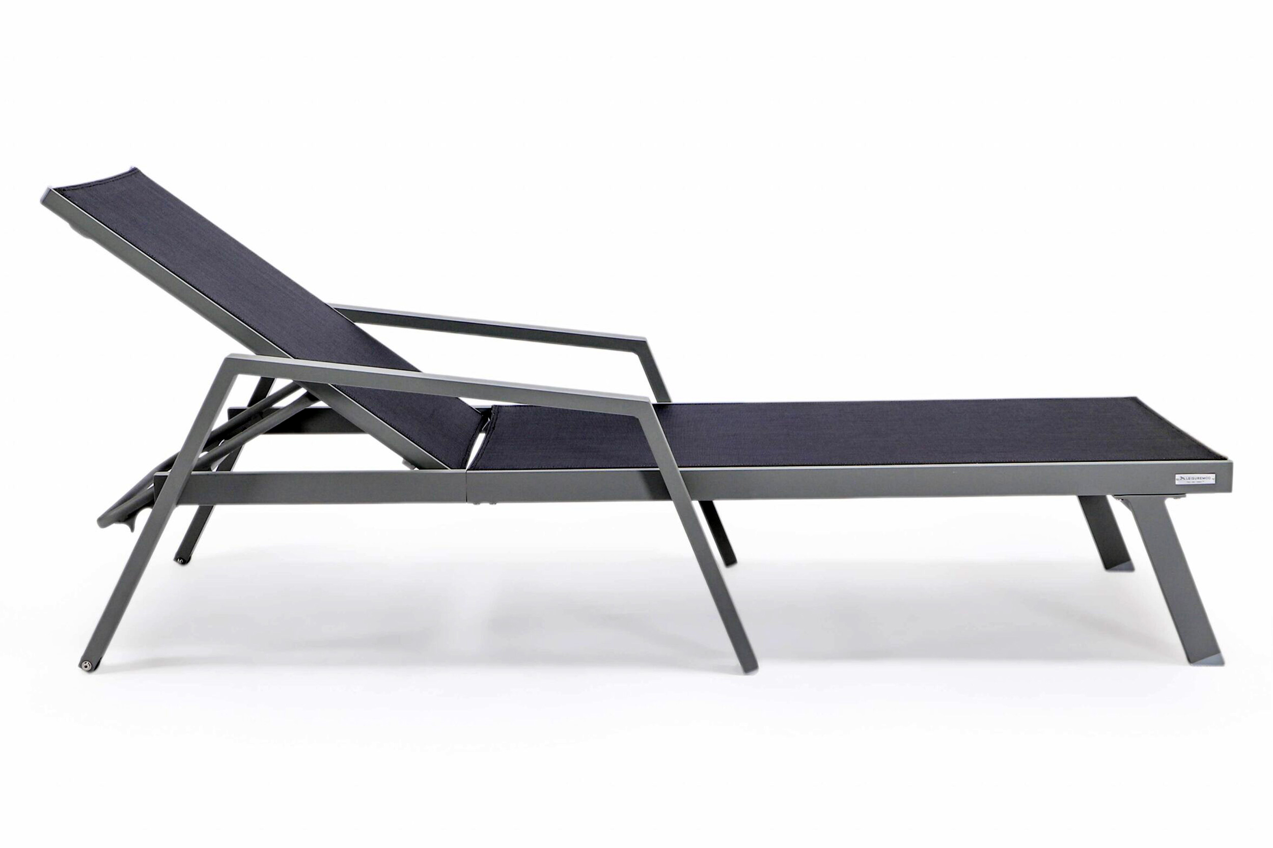 LeisureMod Marlin Patio Chaise Lounge Chair With Armrests In Gray Aluminum Frame - Black