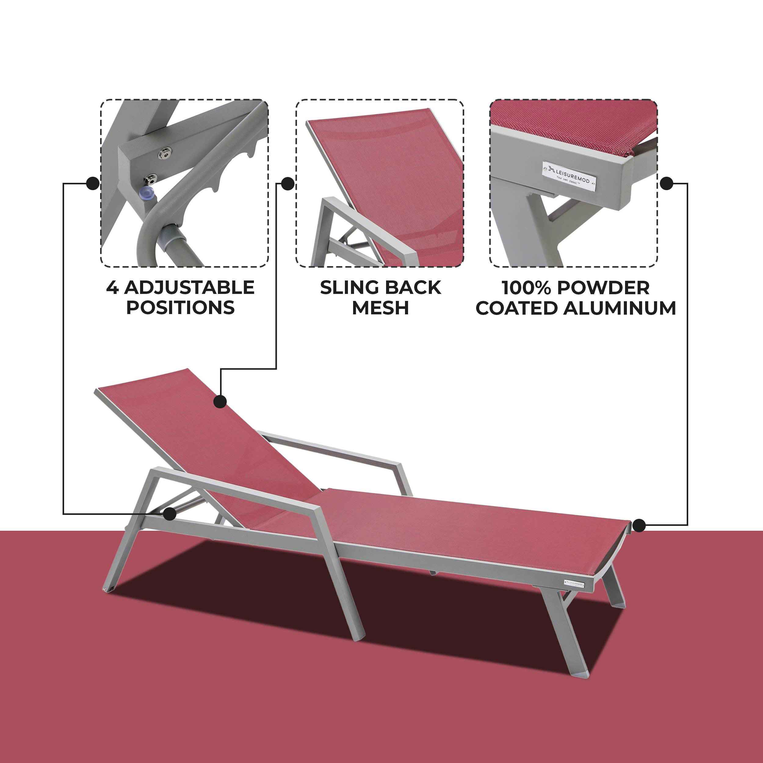 LeisureMod Marlin Patio Chaise Lounge Chair With Armrests In Gray Aluminum Frame - Burgundy