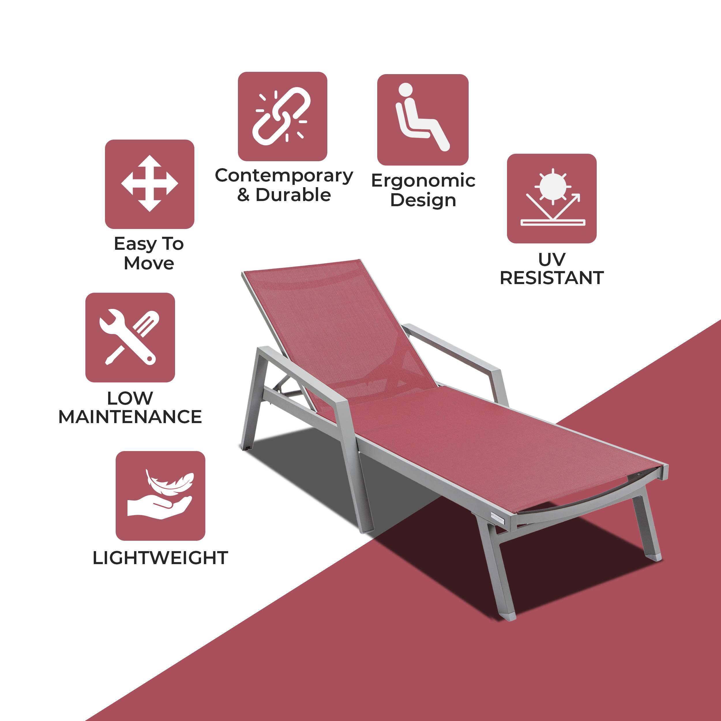 LeisureMod Marlin Patio Chaise Lounge Chair With Armrests In Gray Aluminum Frame - Burgundy