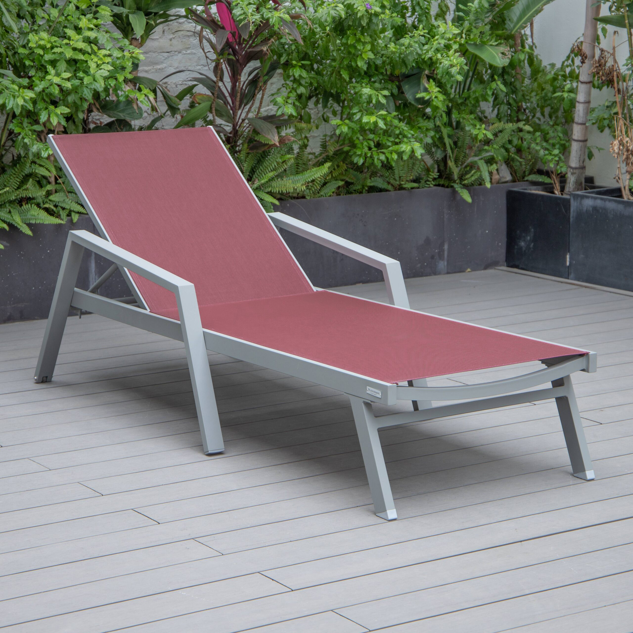 LeisureMod Marlin Patio Chaise Lounge Chair With Armrests In Gray Aluminum Frame - Burgundy