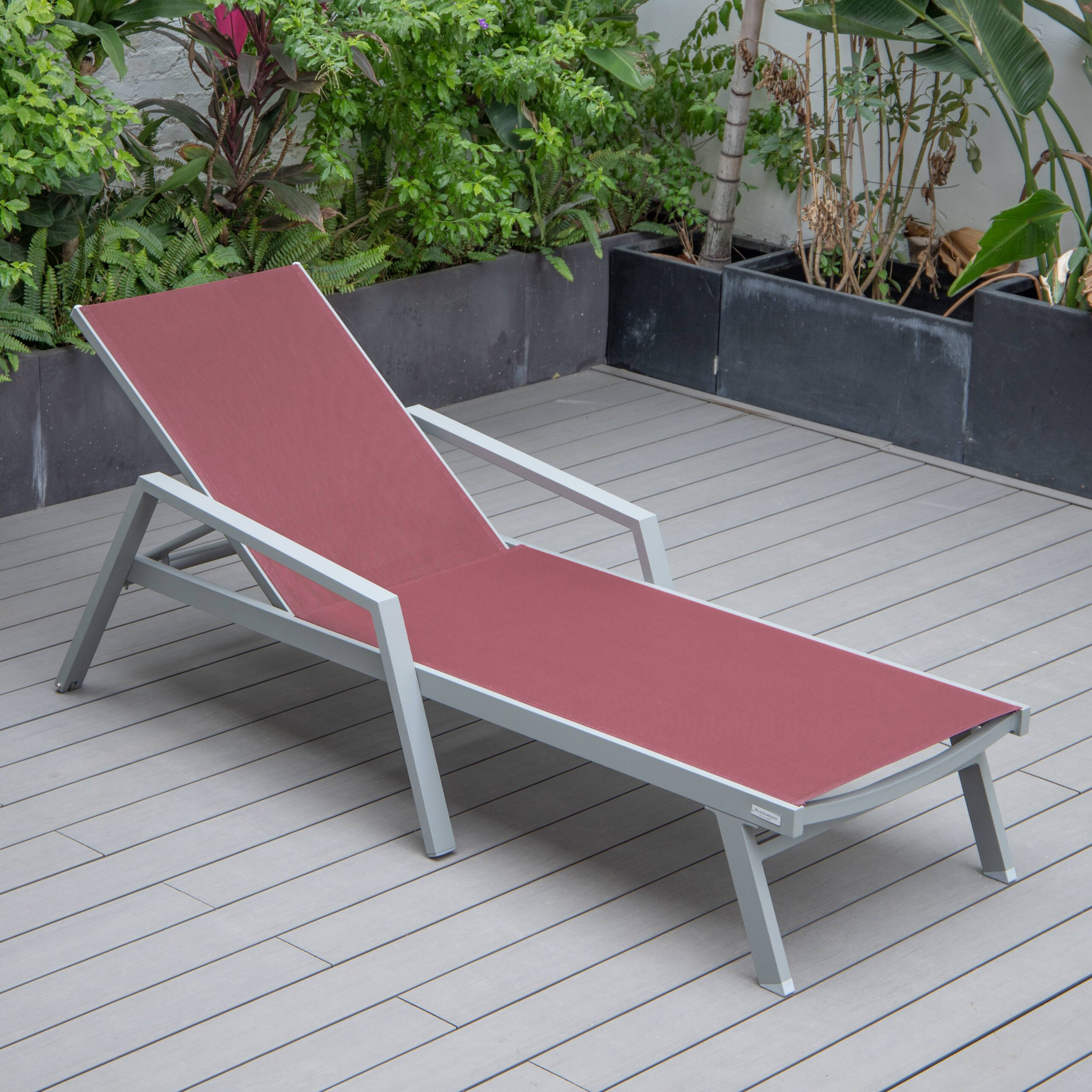 LeisureMod Marlin Patio Chaise Lounge Chair With Armrests In Gray Aluminum Frame - Burgundy