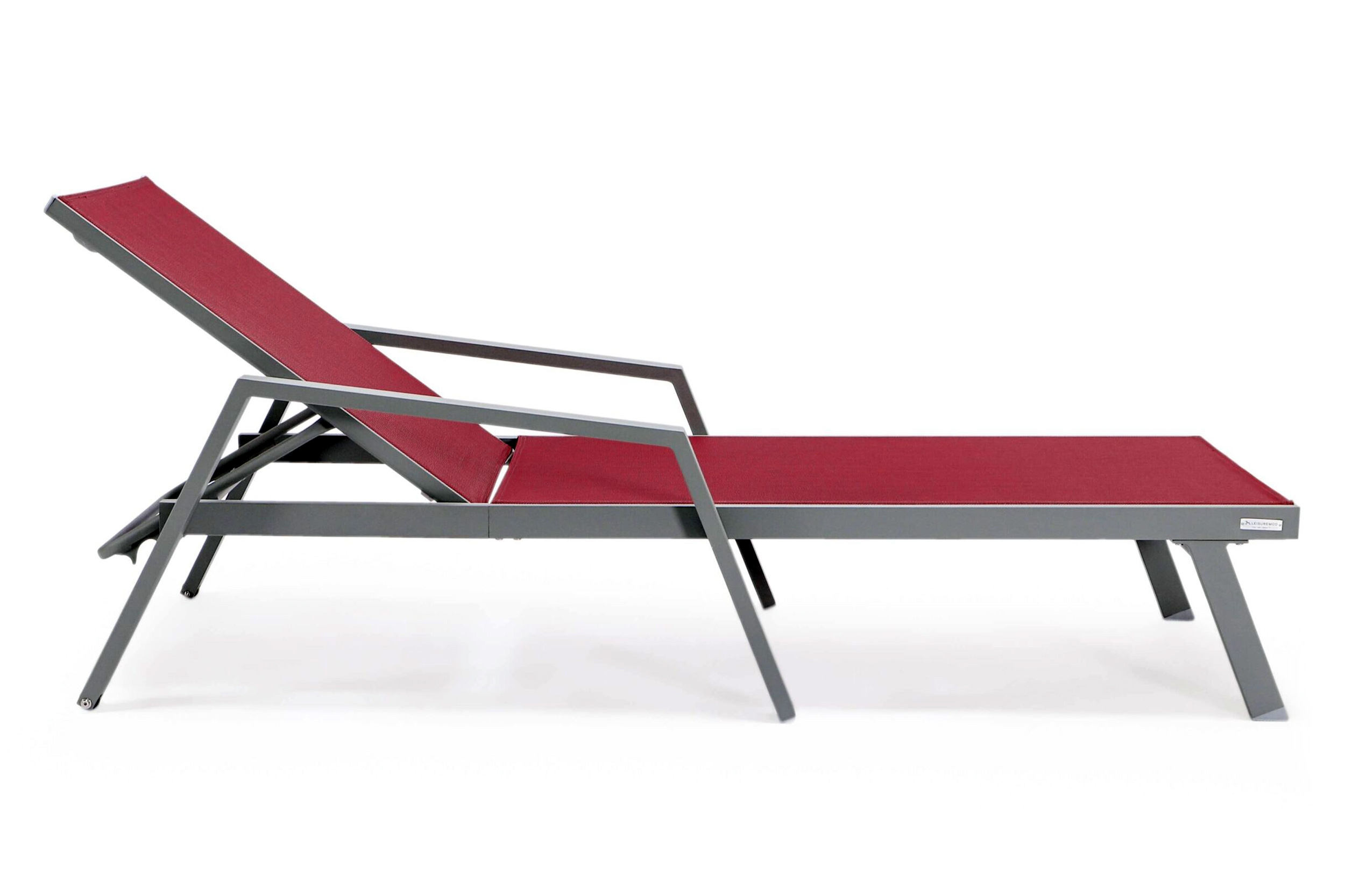 LeisureMod Marlin Patio Chaise Lounge Chair With Armrests In Gray Aluminum Frame - Burgundy