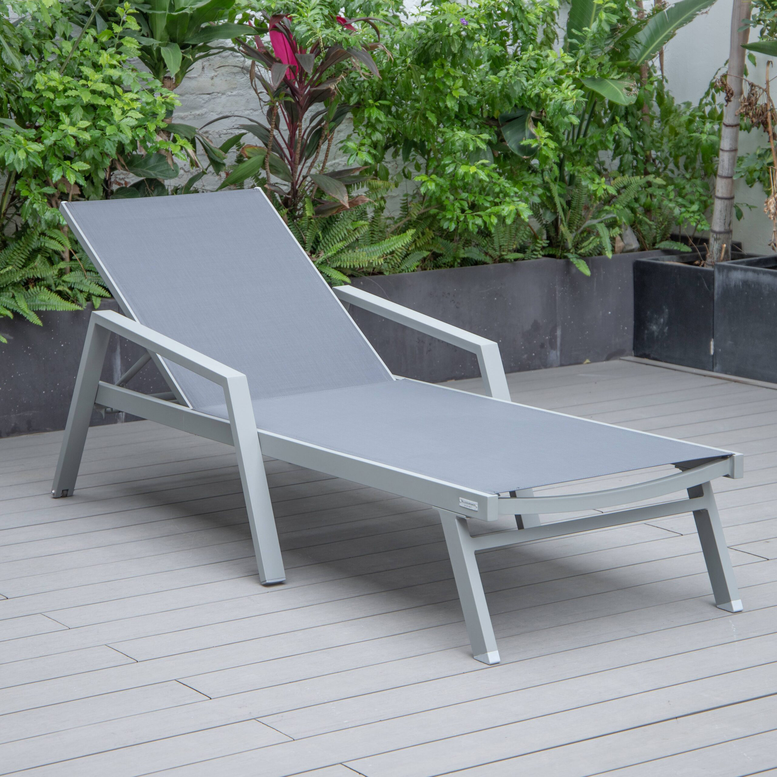 LeisureMod Marlin Patio Chaise Lounge Chair With Armrests In Gray Aluminum Frame - Dark Gray