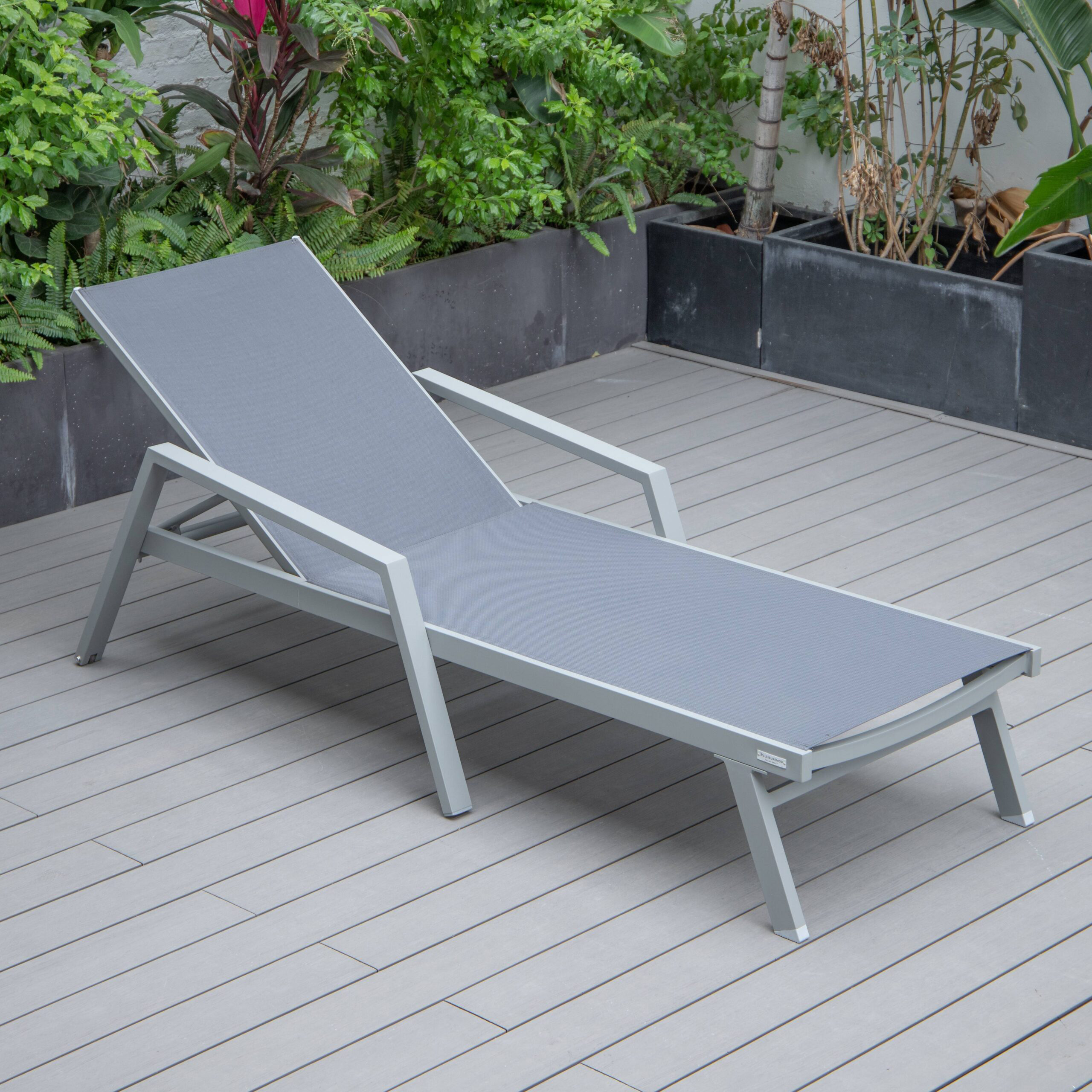 LeisureMod Marlin Patio Chaise Lounge Chair With Armrests In Gray Aluminum Frame - Dark Gray